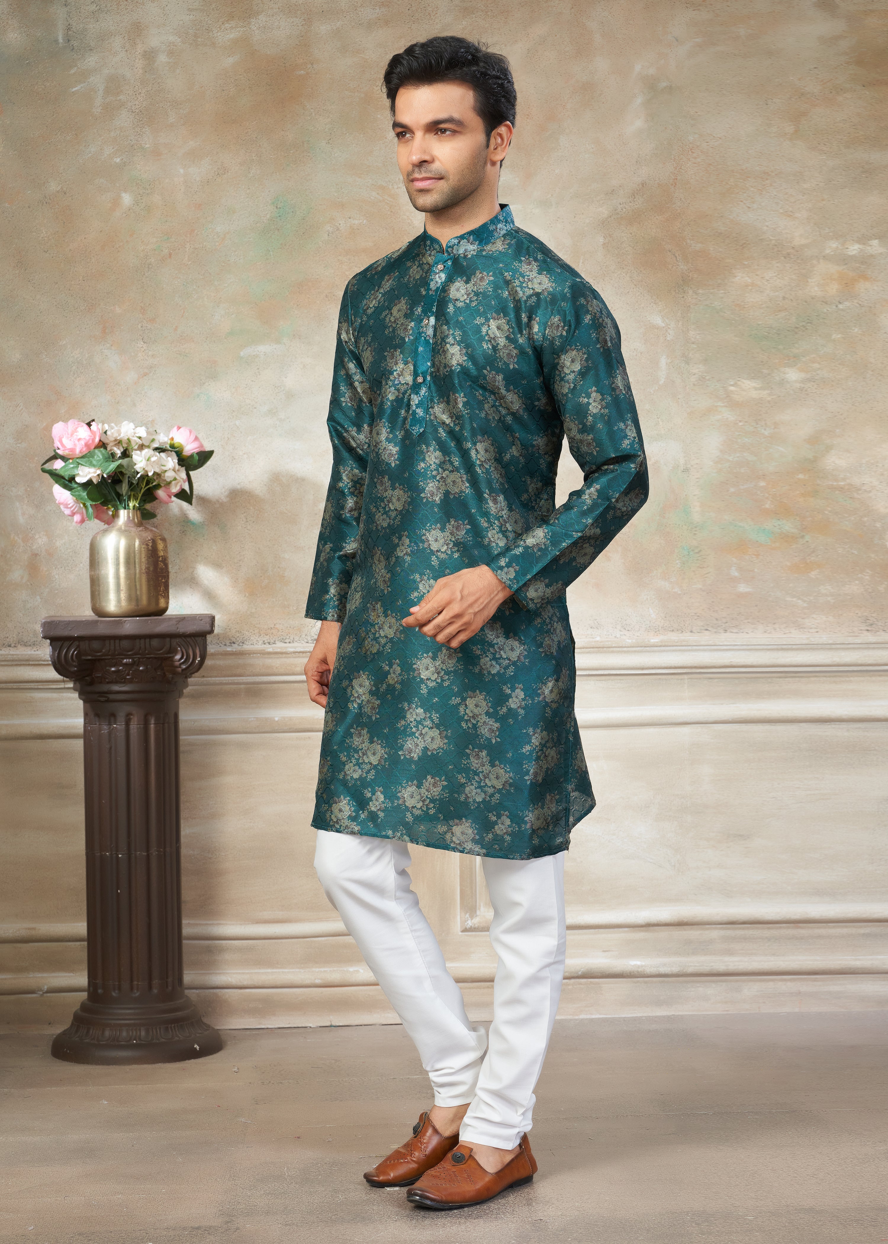 Teal Blue color Premium Silk Digital Print kurta with Raymond Cotton Pajama 140004