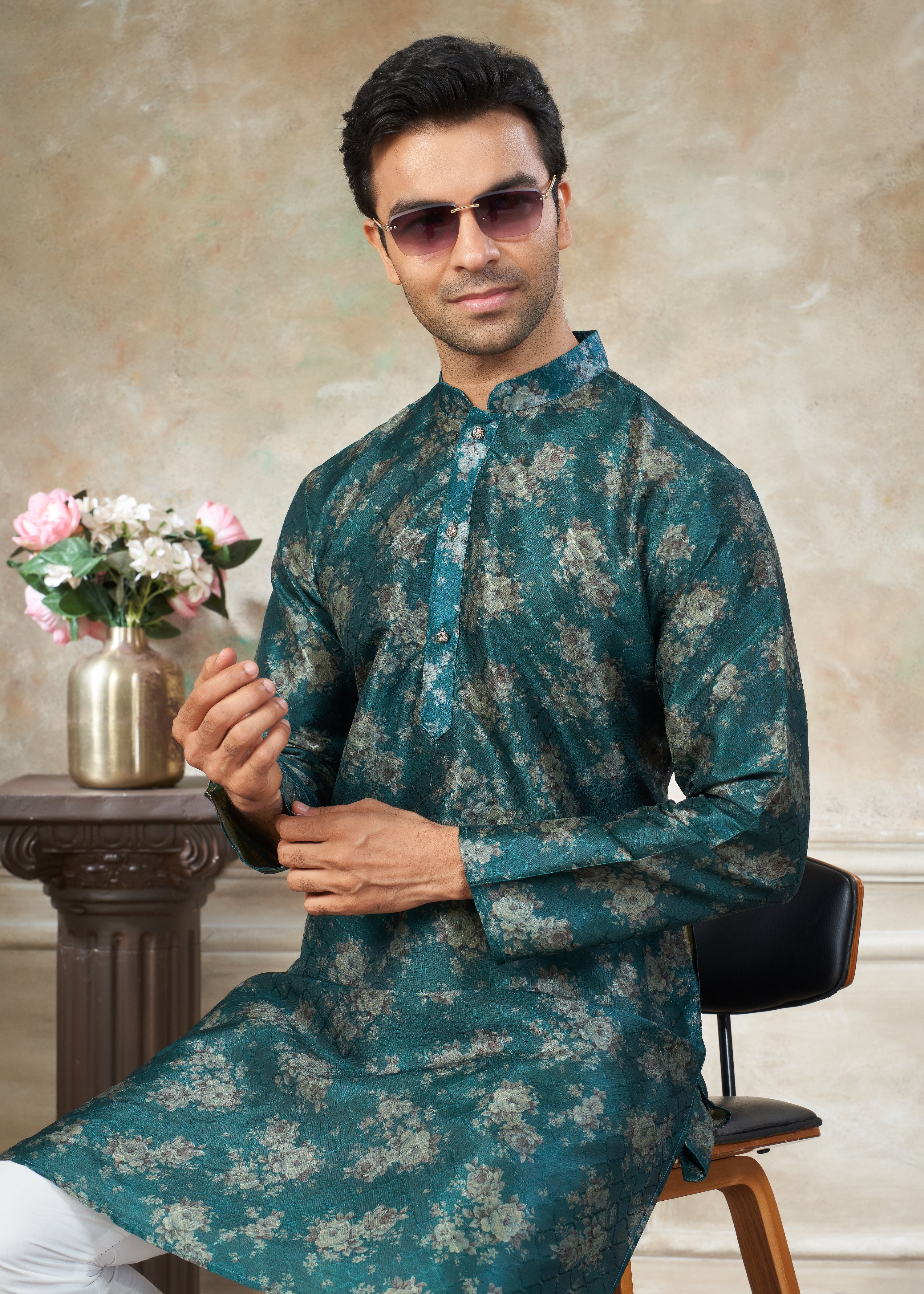 Teal Blue color Premium Silk Digital Print kurta with Raymond Cotton Pajama 140004