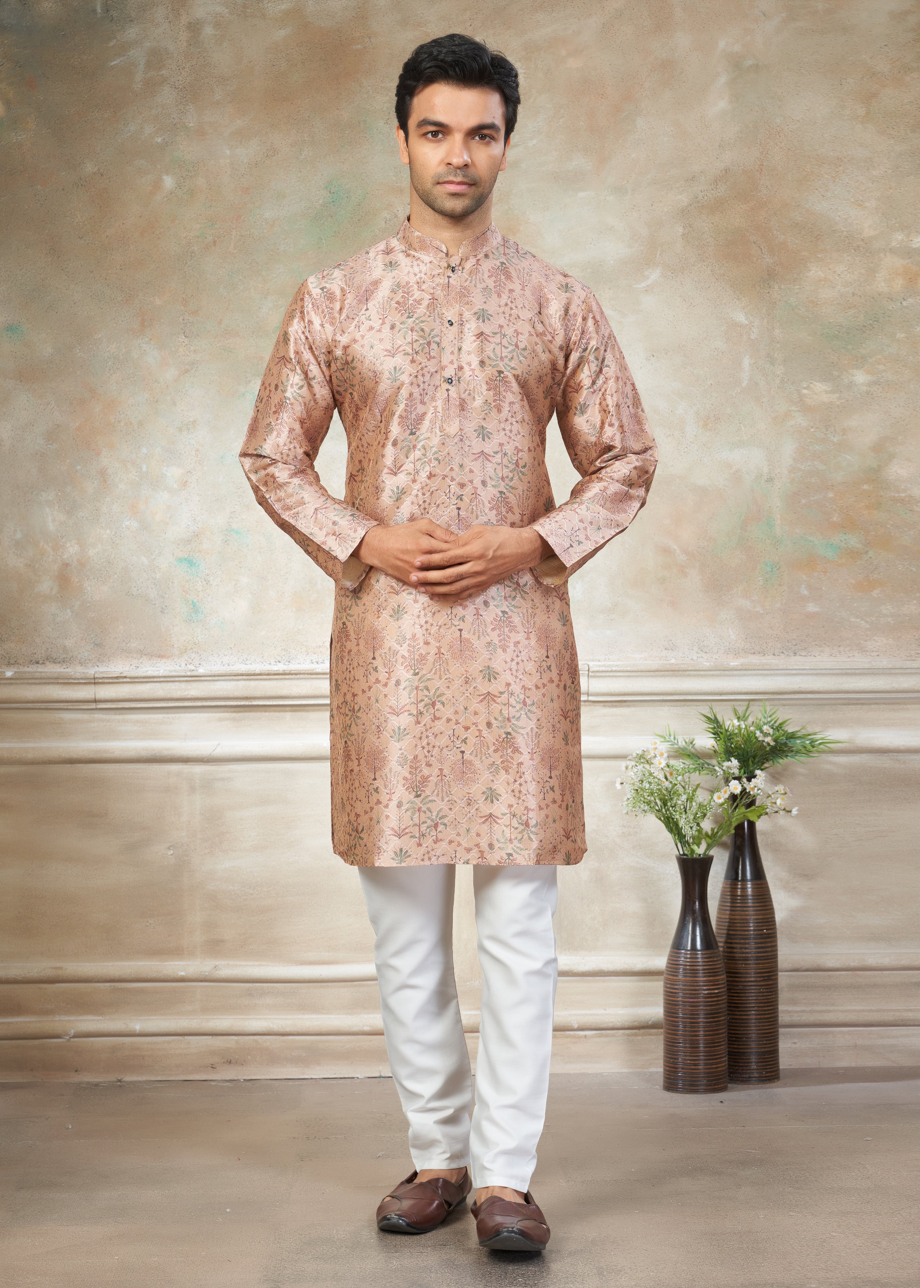 Light pink color Premium Silk Digital Print kurta with Raymond Cotton Pajama 140007