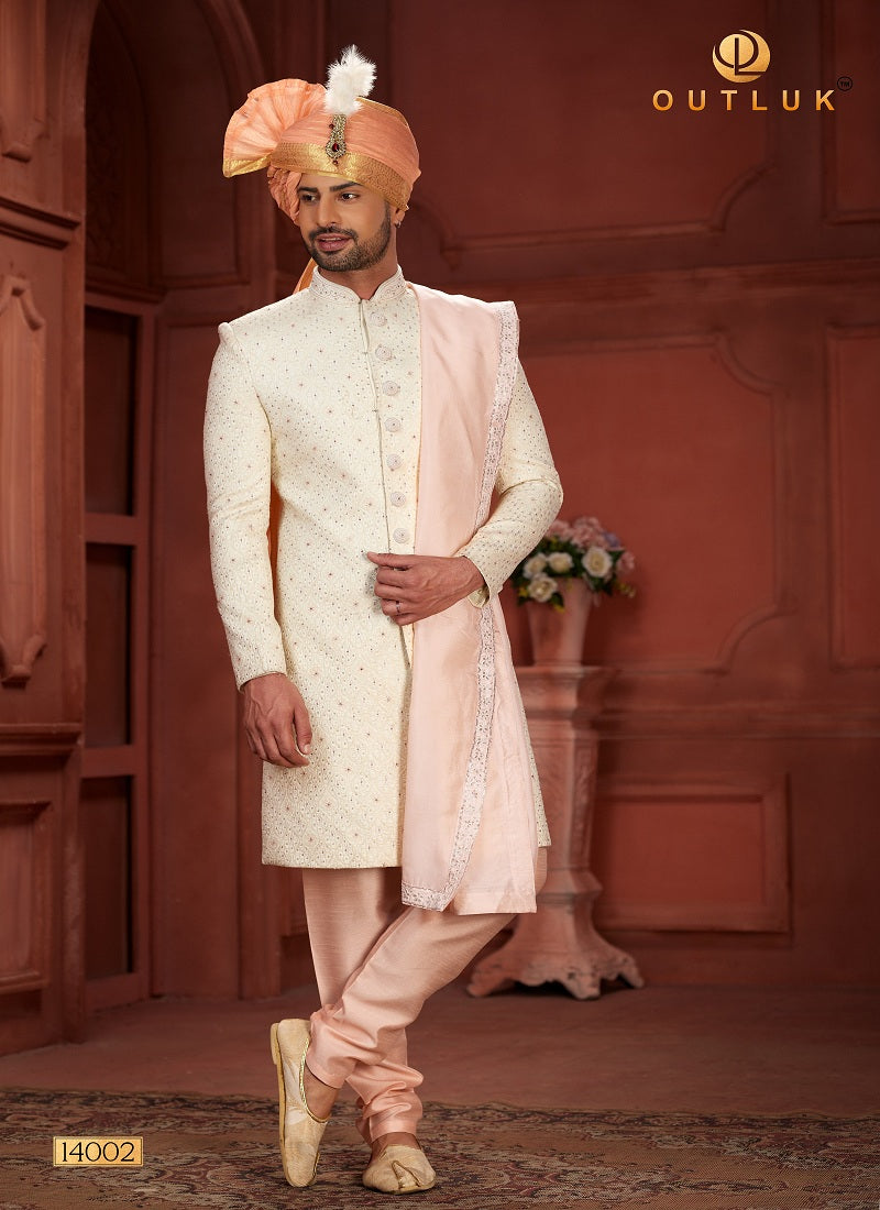 Cream And Peach Silk Mens Sherwani 14002.