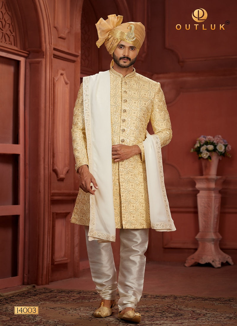 Cream Or Beige Silk Mens Sherwani 14003.
