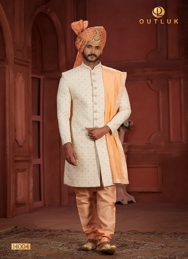 Cream And Peach Silk Mens Sherwani 14004