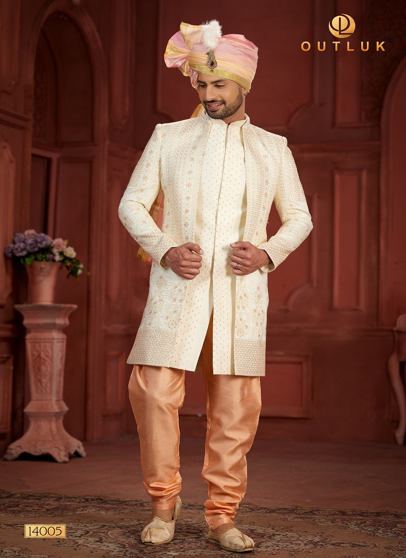 Cream And Peach Silk Mens Sherwani 14005