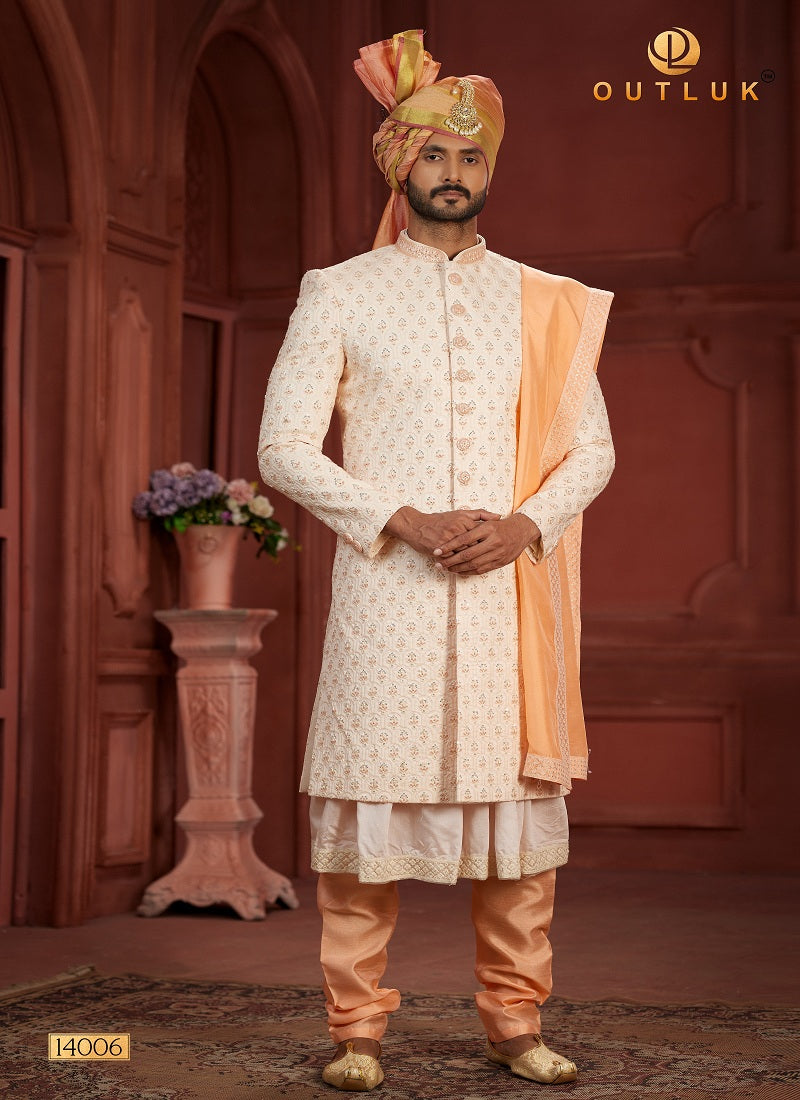 Cream And Peach Silk Mens Sherwani 14006