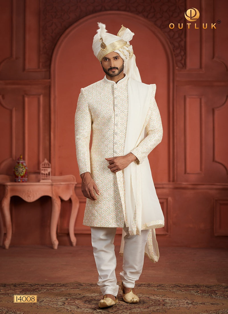 Cream Beige Silk Mens Sherwani 14008