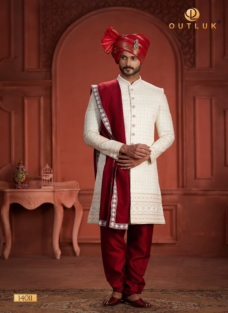 Cream And Red Silk Mens Sherwani 14011