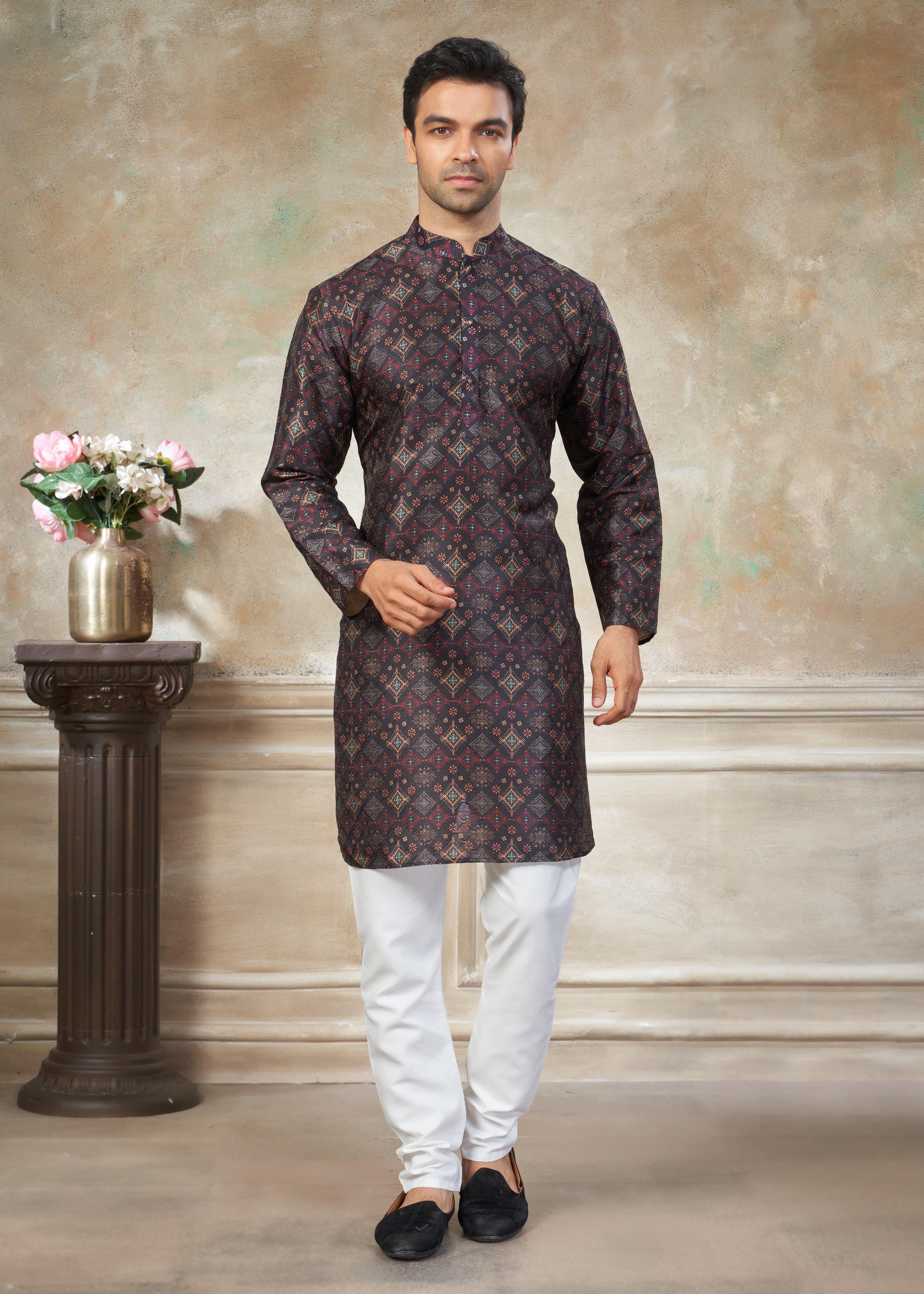 Black color Premium Silk Digital Print kurta with Raymond Cotton Pajama 141001
