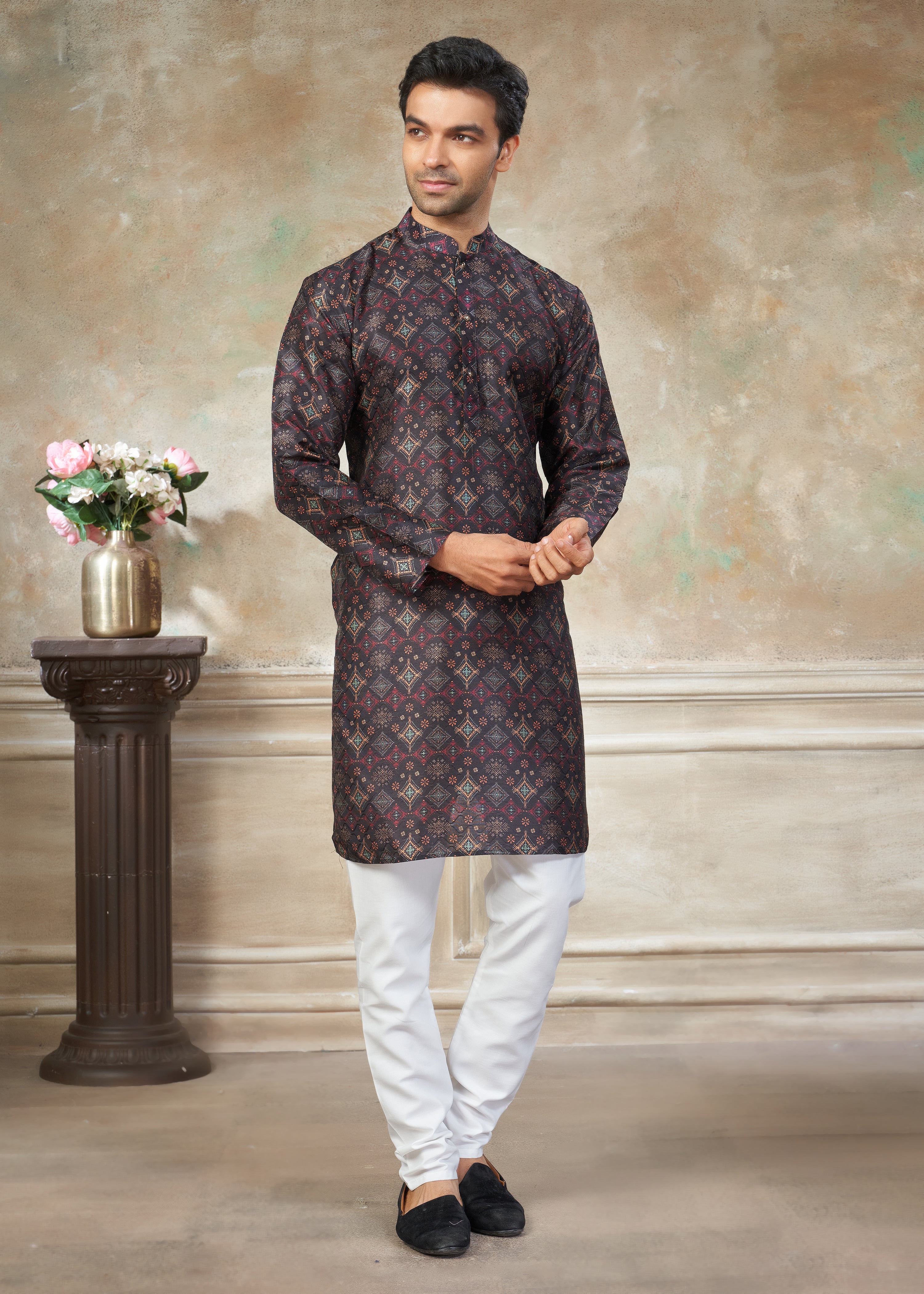 Black color Premium Silk Digital Print kurta with Raymond Cotton Pajama 141001