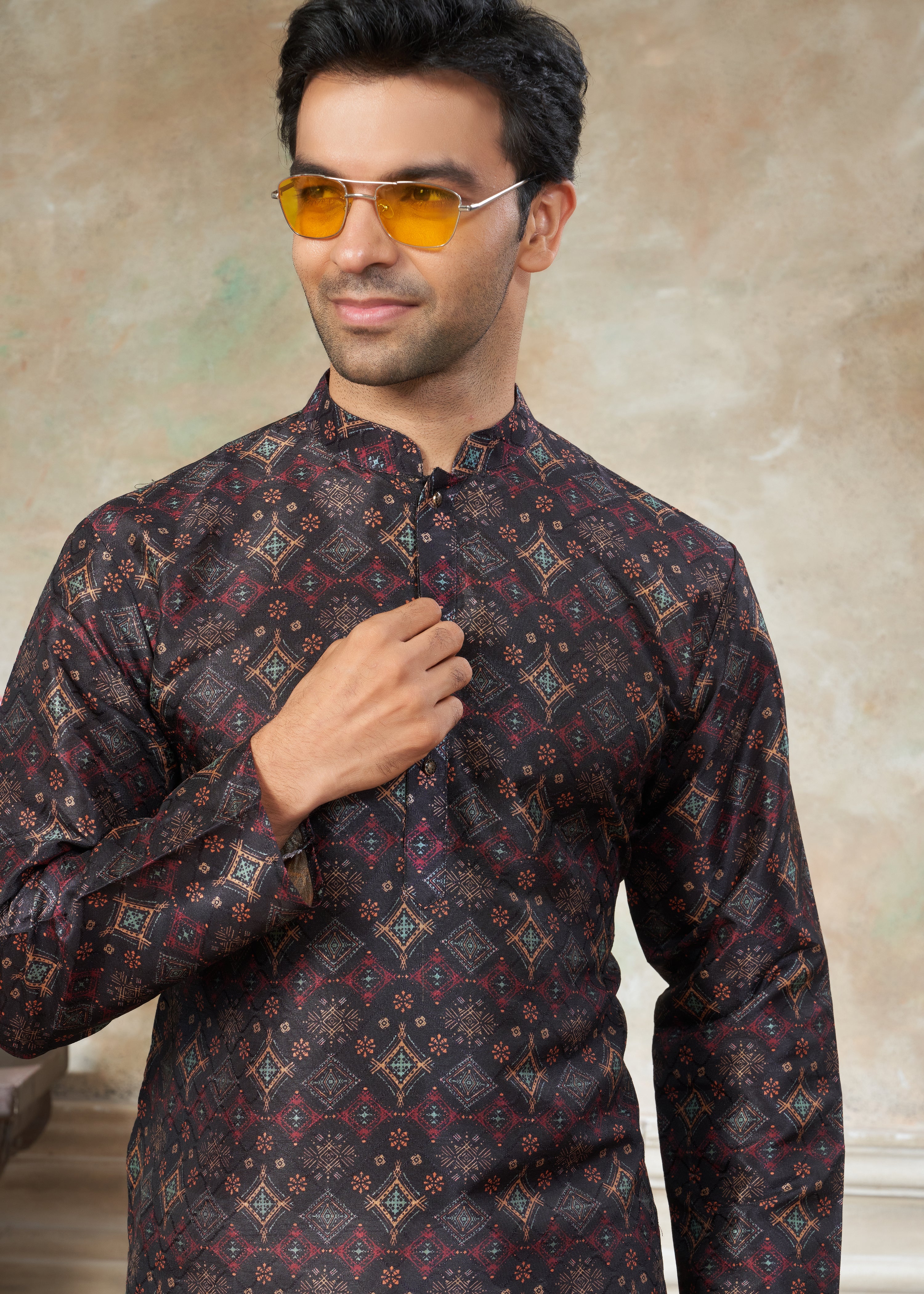 Black color Premium Silk Digital Print kurta with Raymond Cotton Pajama 141001