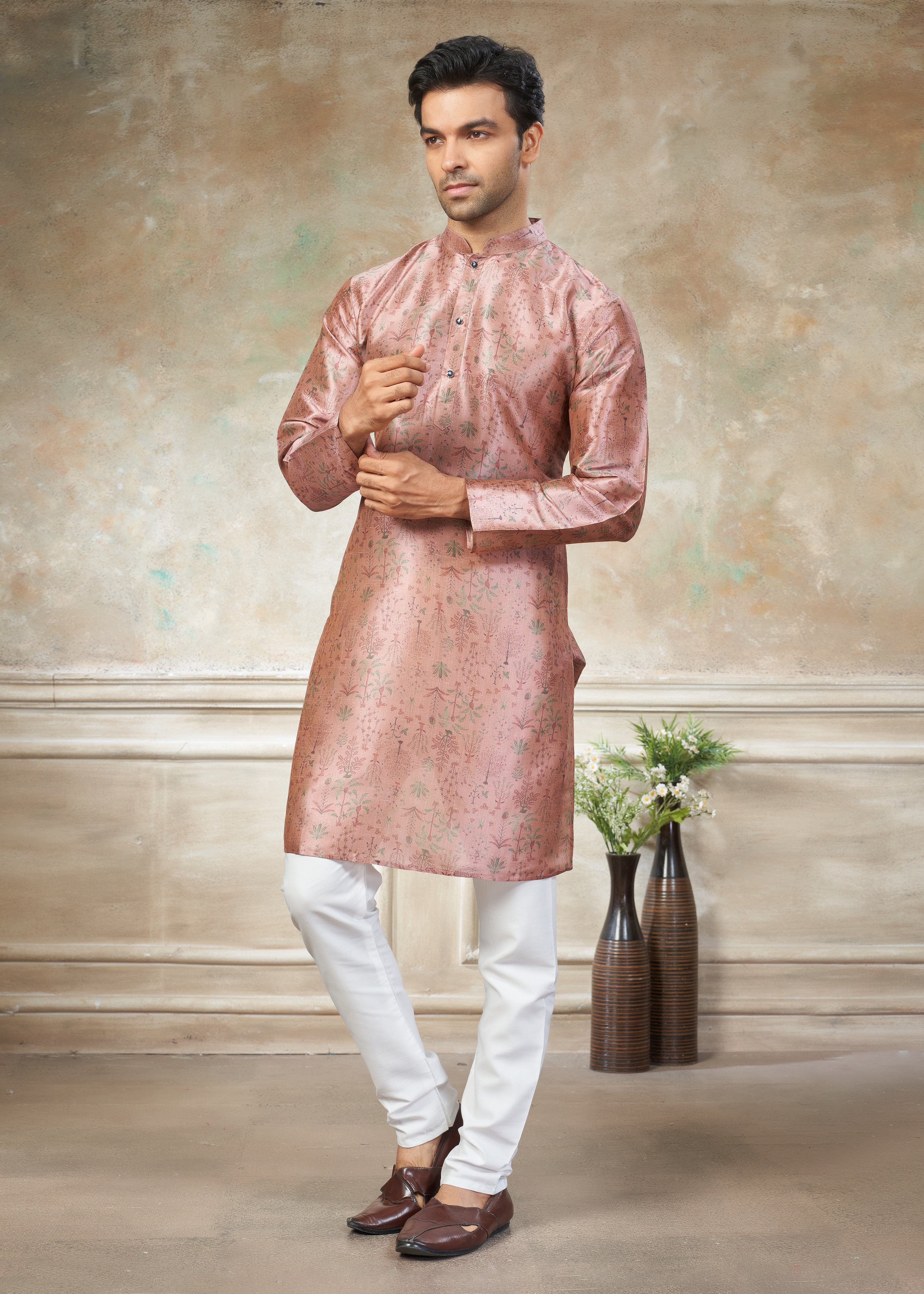 Peach color Premium Silk Digital Print kurta with Raymond Cotton Pajama 141002
