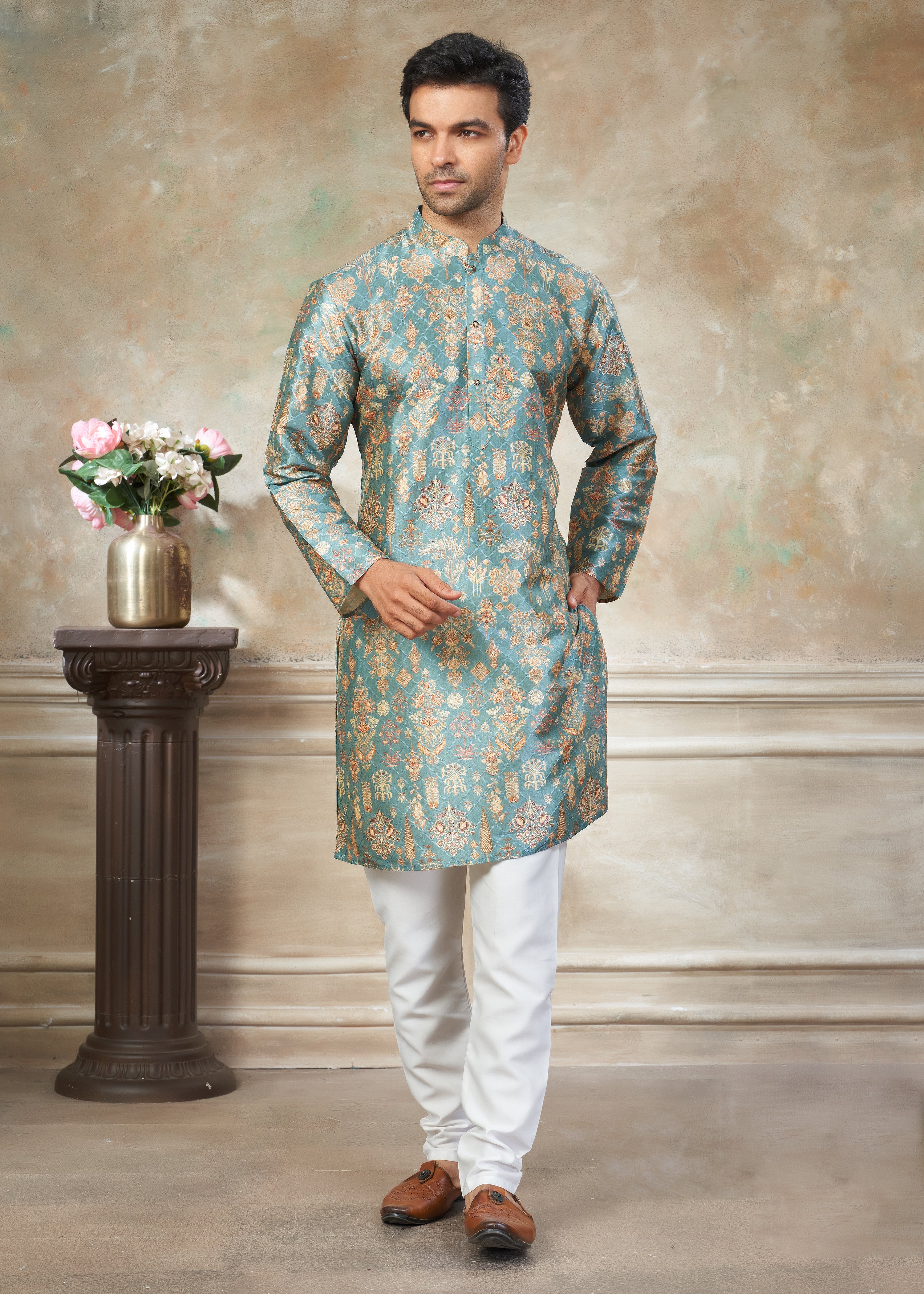 Sky Blue color Premium Silk Digital Print kurta with Raymond Cotton Pajama 141003