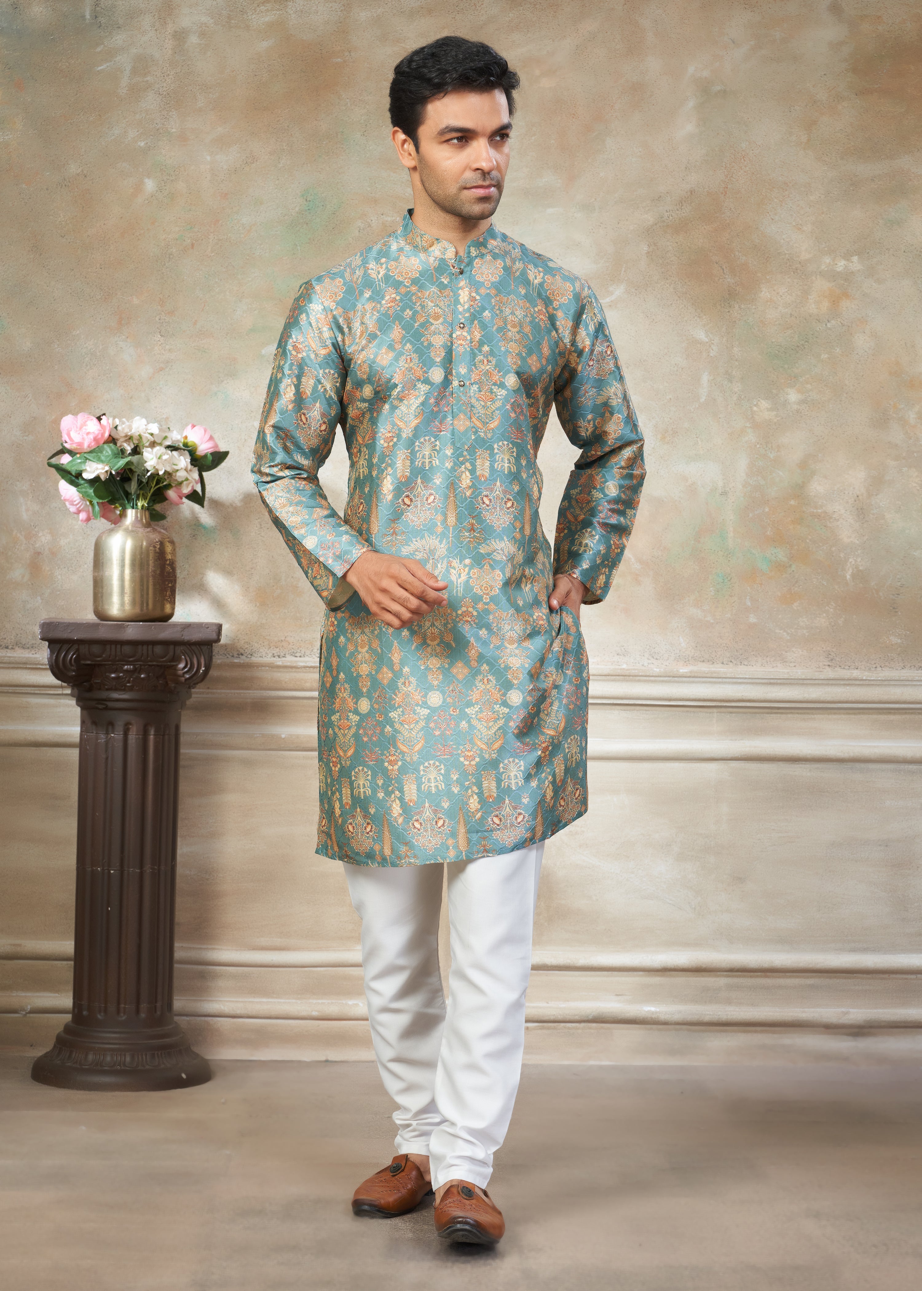 Sky Blue color Premium Silk Digital Print kurta with Raymond Cotton Pajama 141003