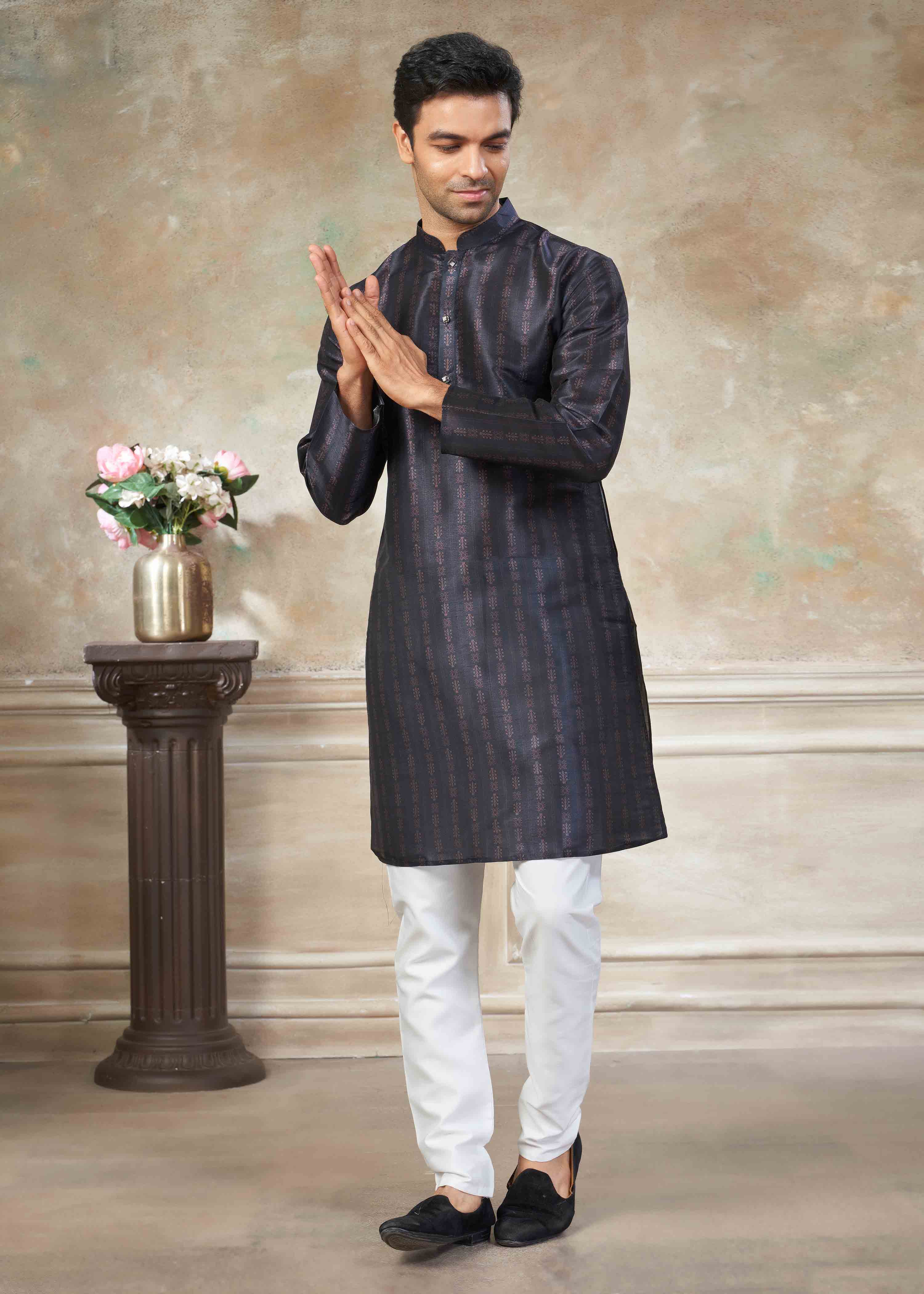 Black color Premium Silk Digital Print kurta with Raymond Cotton Pajama 141006