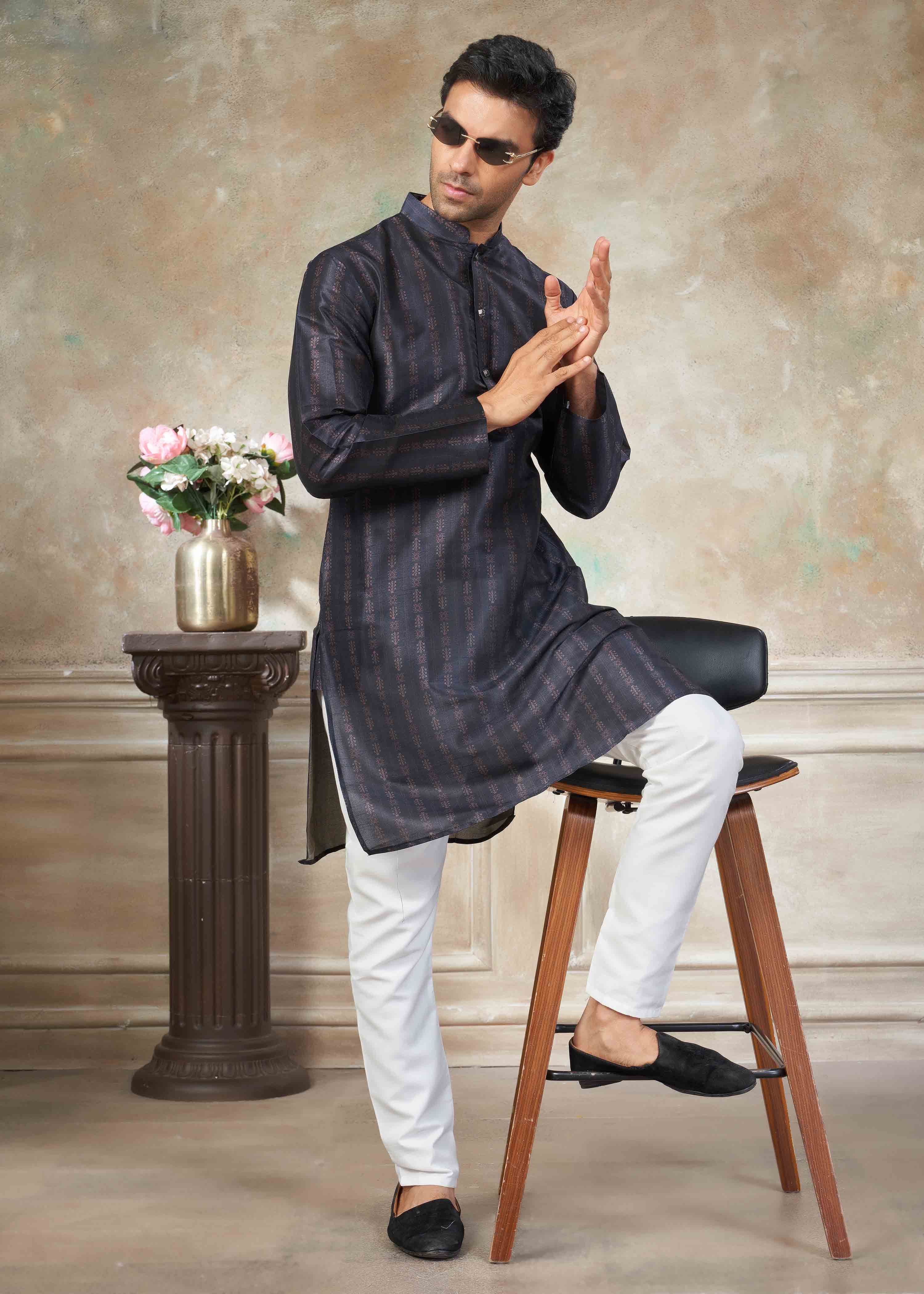 Black color Premium Silk Digital Print kurta with Raymond Cotton Pajama 141006