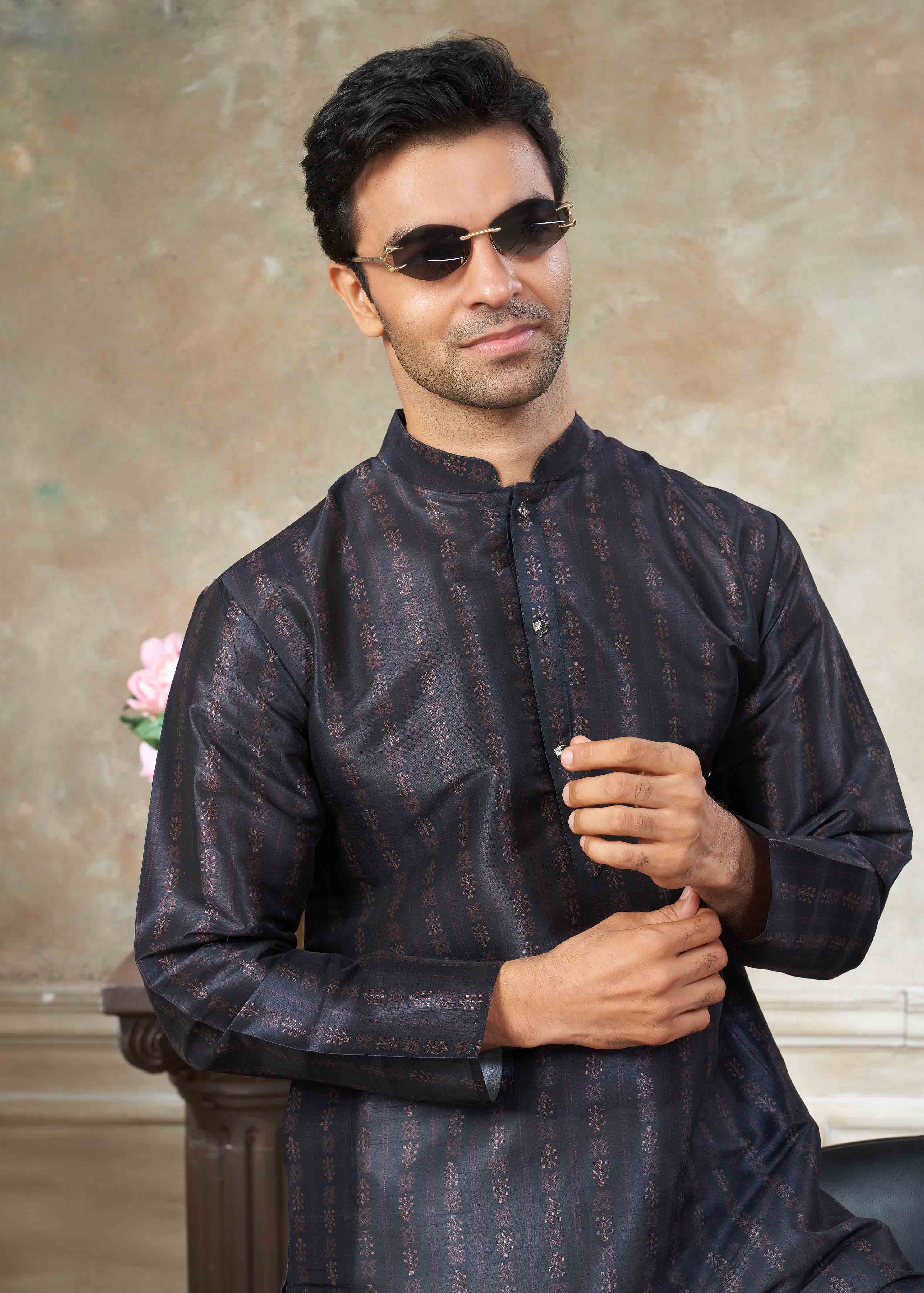 Black color Premium Silk Digital Print kurta with Raymond Cotton Pajama 141006