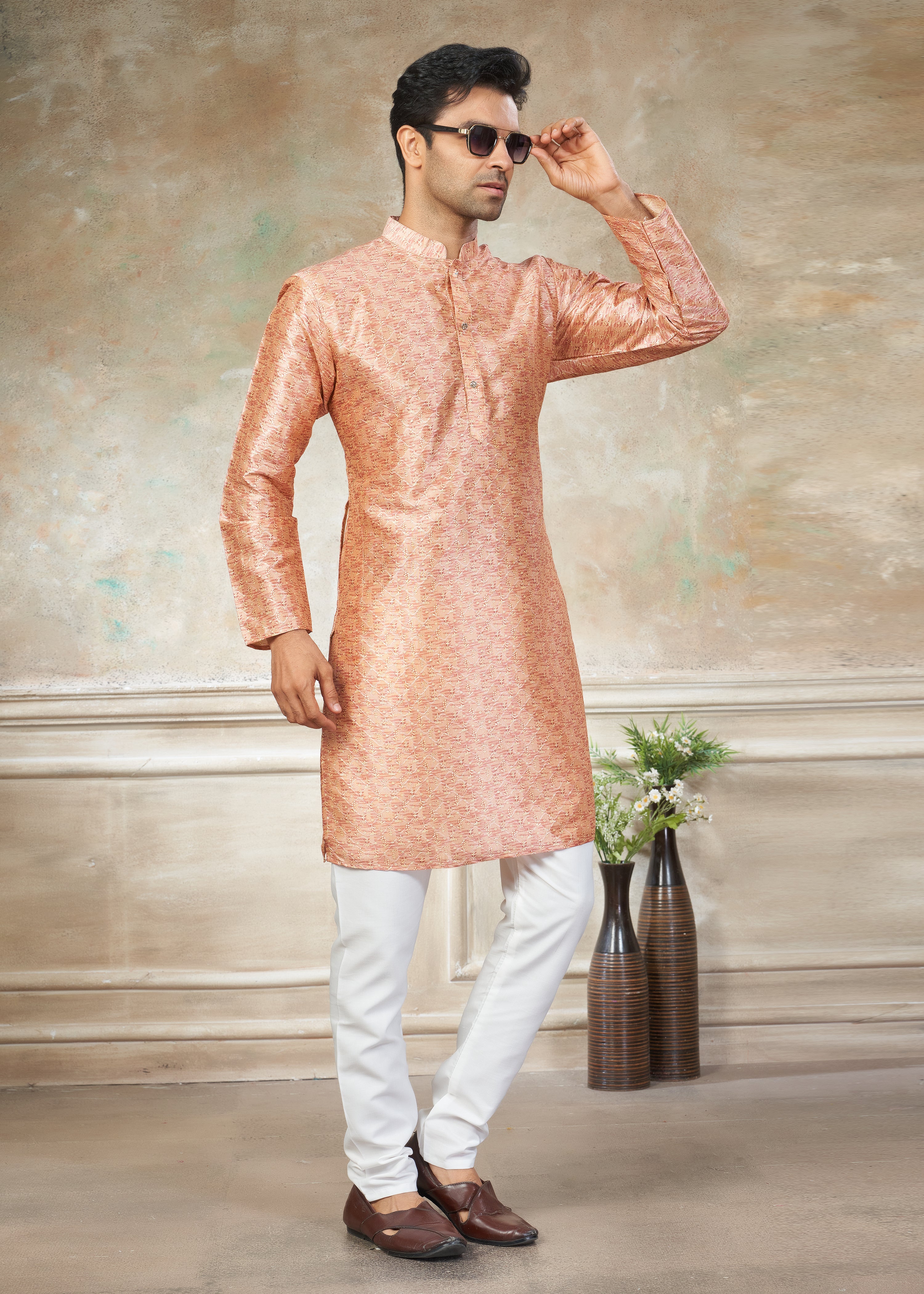 Orange color Premium Silk Digital Print kurta with Raymond Cotton Pajama 141007