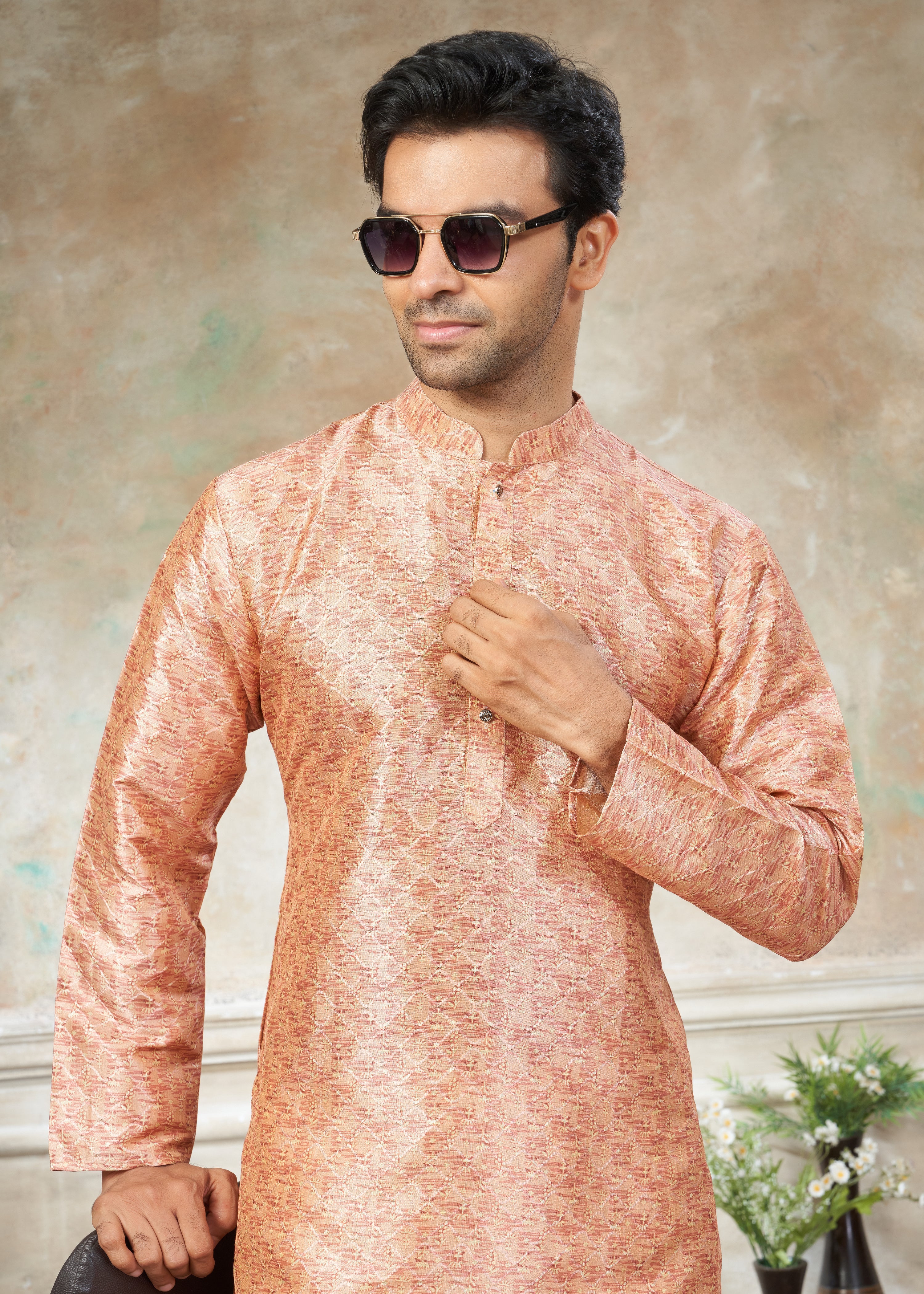 Orange color Premium Silk Digital Print kurta with Raymond Cotton Pajama 141007