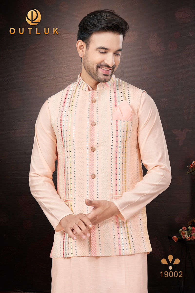 Peach Pure Silk Mens Kurta Pajama With Jacket 19002