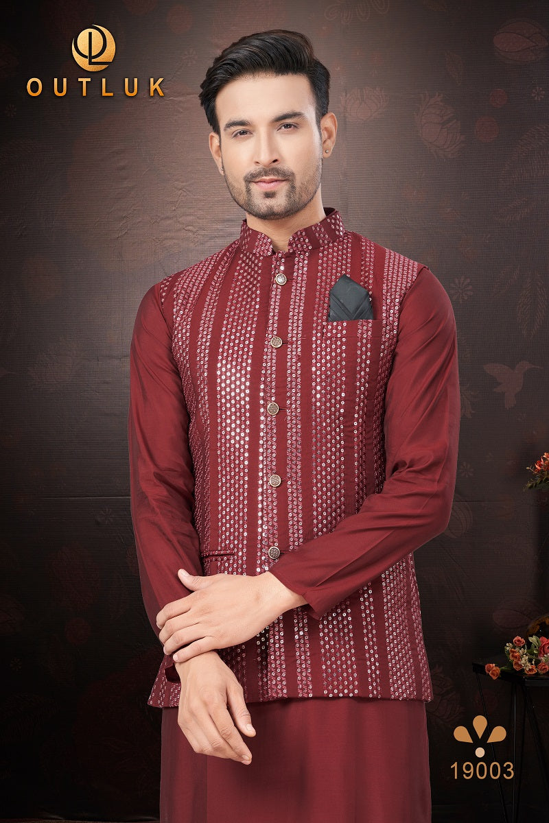 Maroon Pure Silk Mens Kurta Pajama With Jacket 19003