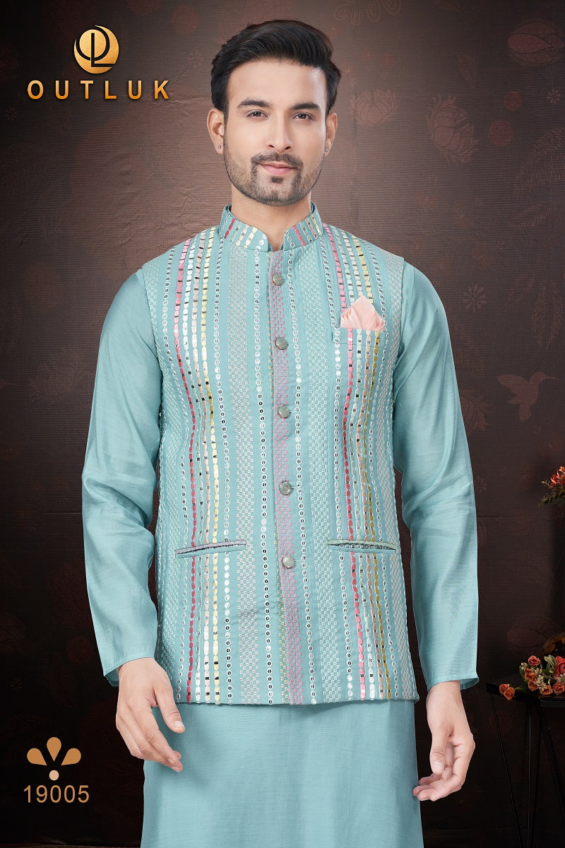 Sky Blue Pure Silk Mens Kurta Pajama With Jacket 19005