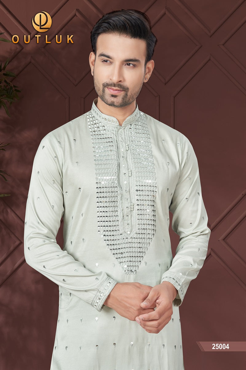 Light Grey Pure Silk Mens Kurta Pajama 25004