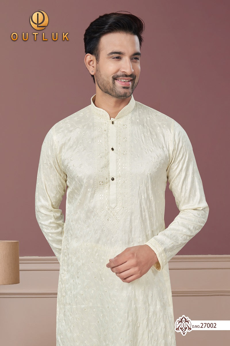 White Pure Silk Mens Kurta Pajama 27002