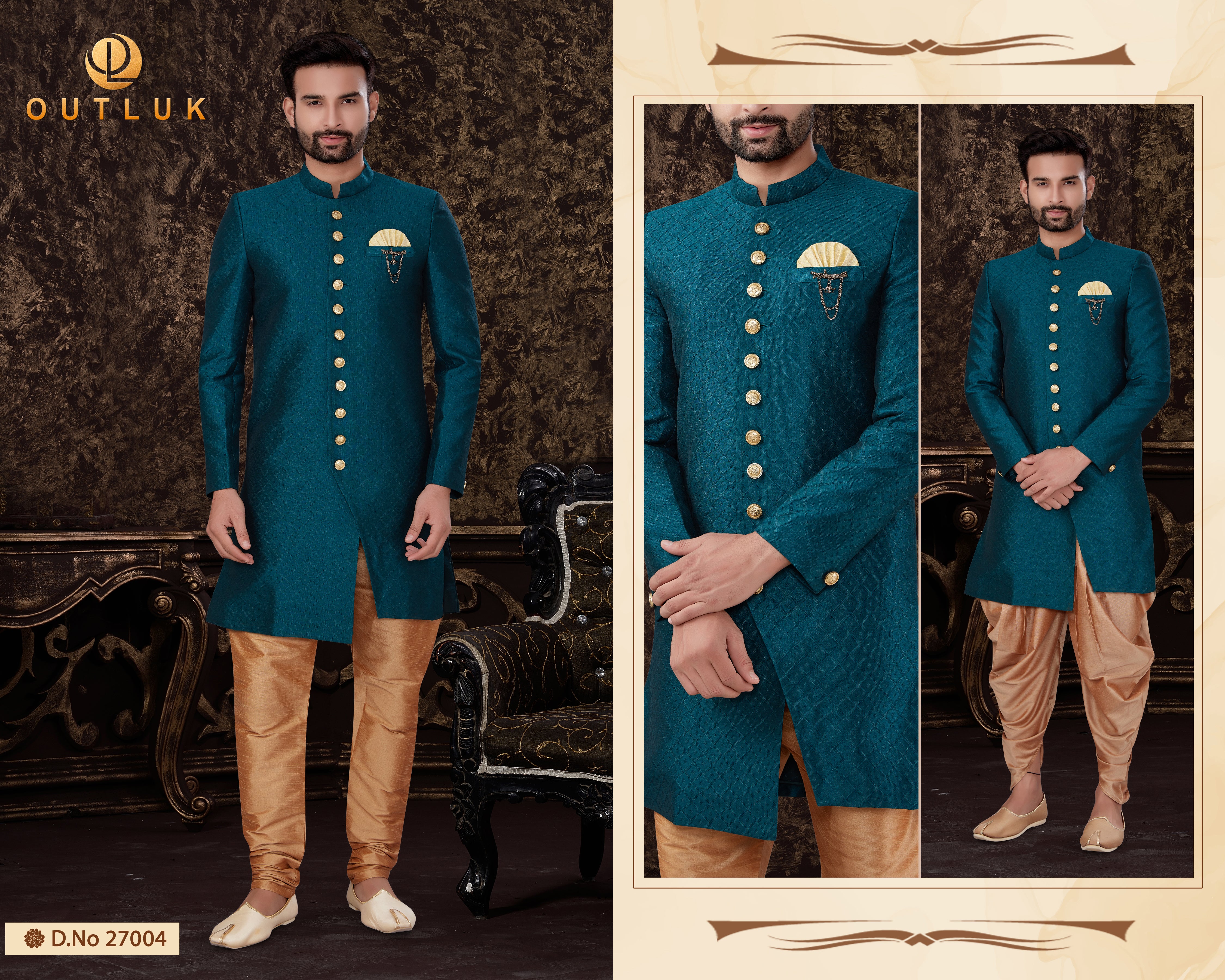 Sea Blue Jacquard Silk Mens Indo Western 27004
