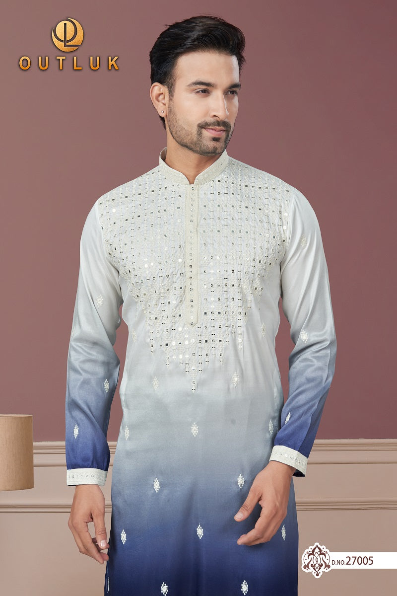 White with Blue Pure Silk Mens Kurta Pajama 27005