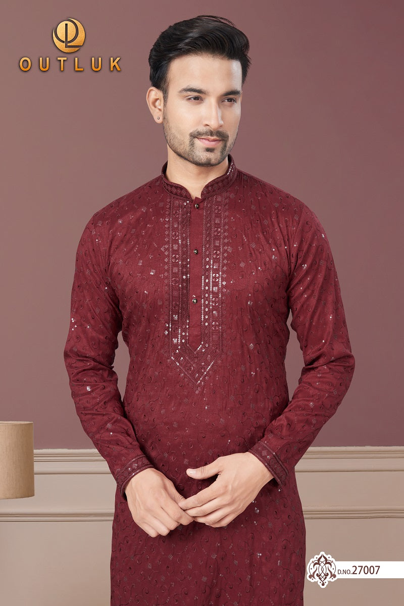 Dark Maroon Pure Silk Mens Kurta Pajama 27007