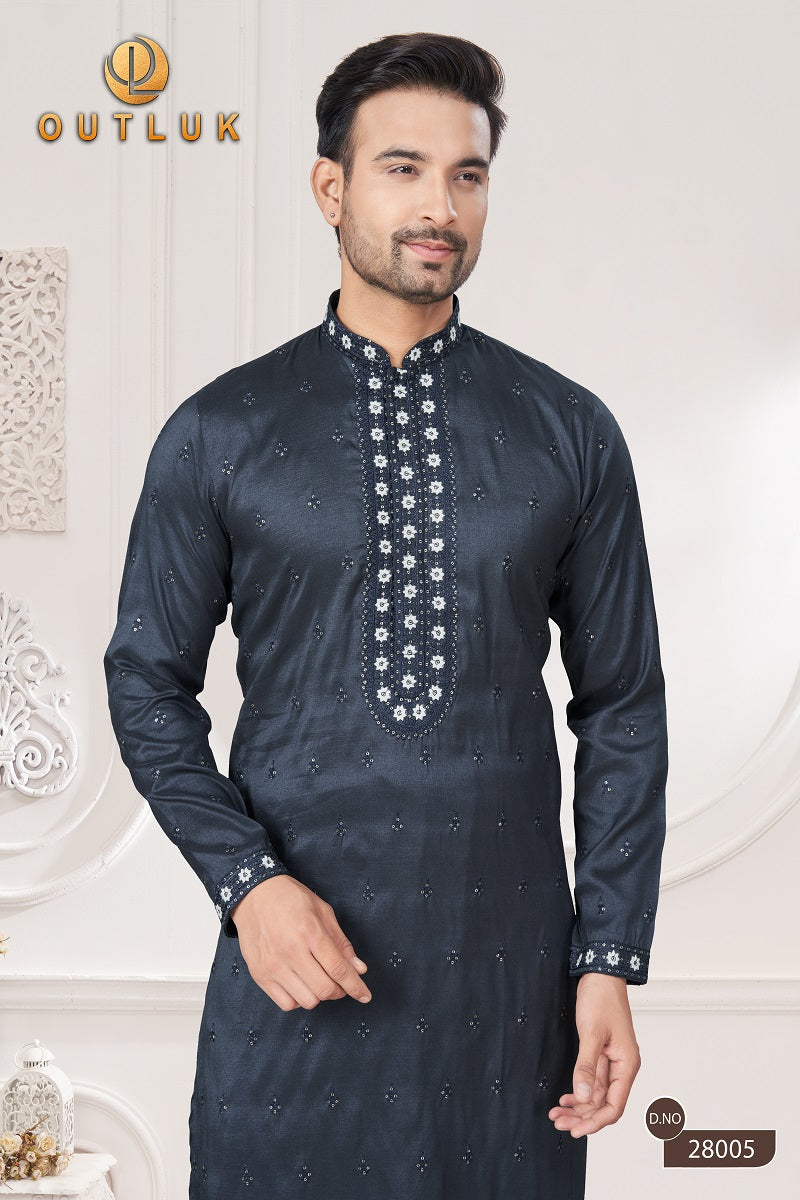 Black Pure Silk Mens Kurta Pajama 28005