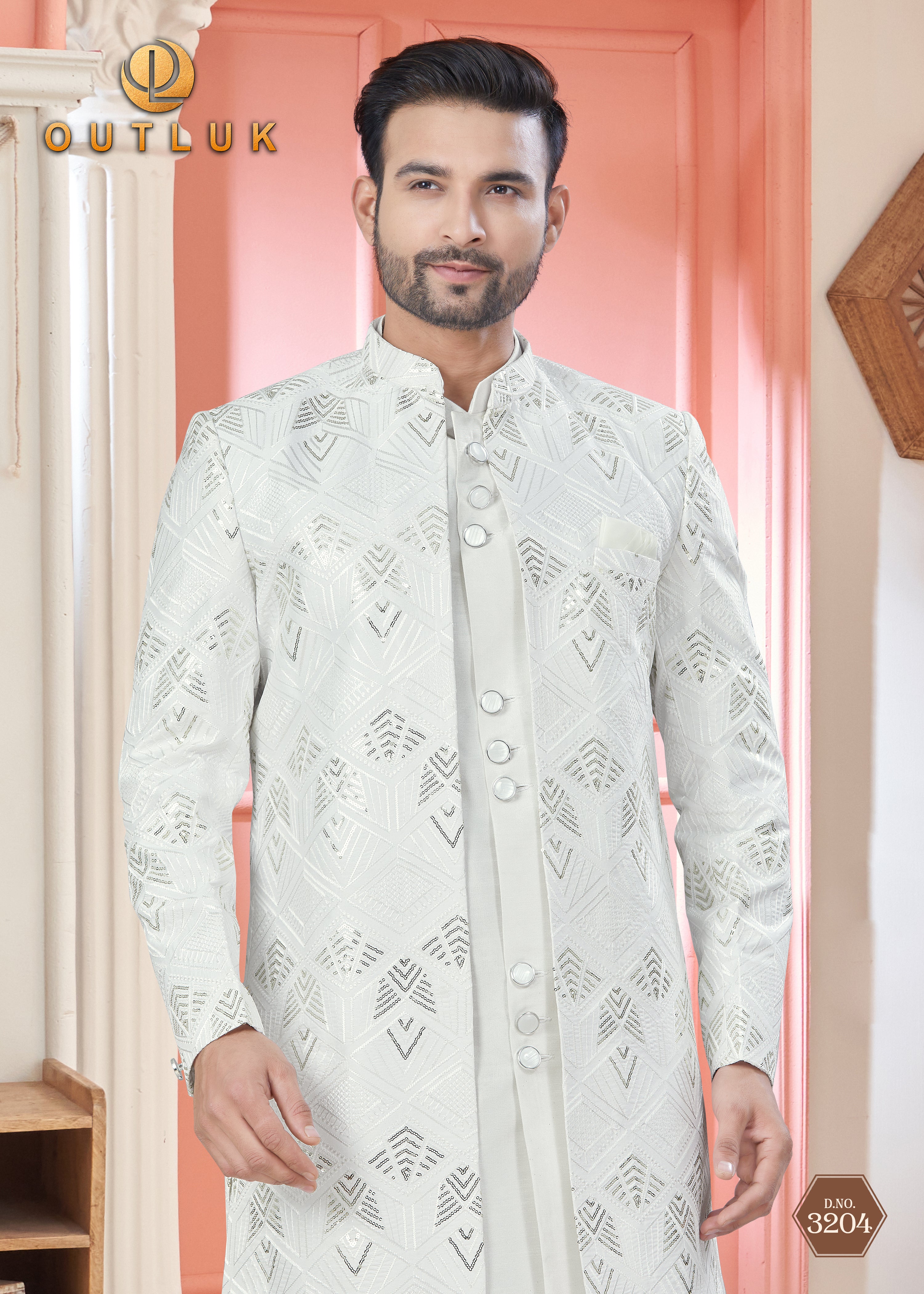 White Art Silk Mens Indo Western 3204