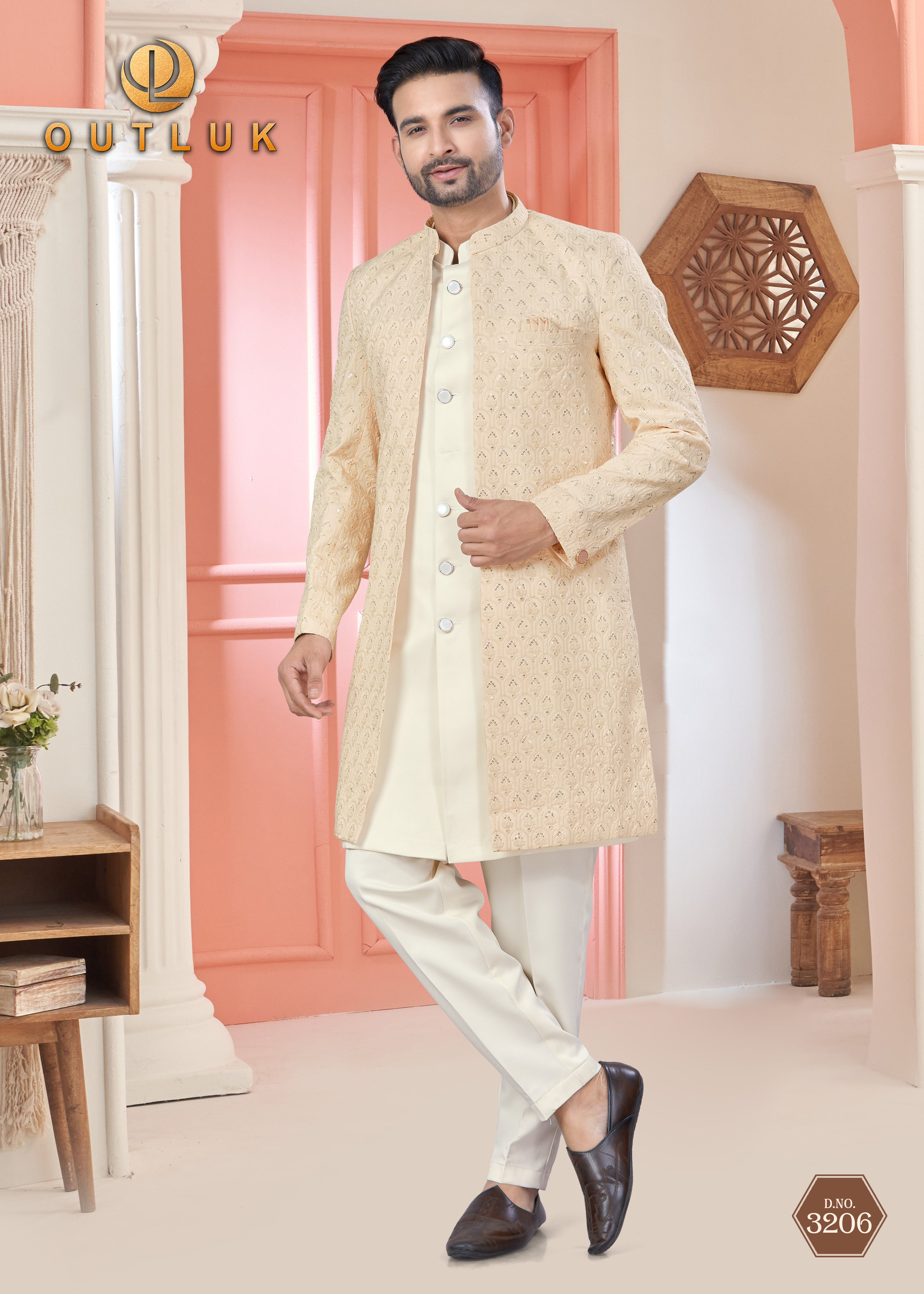 Beige Art Silk Mens Indo Western 3206