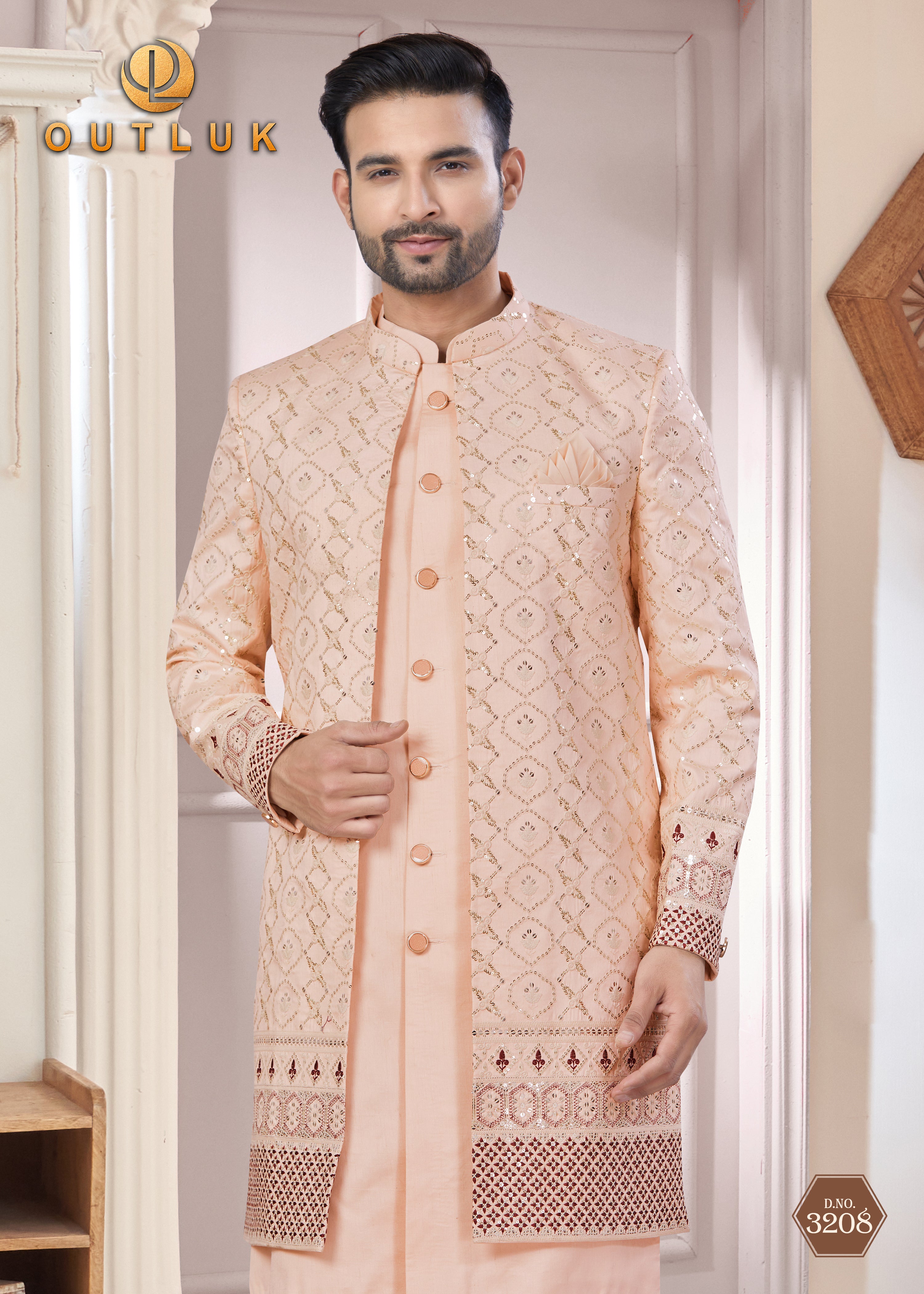 Peach Art Silk Mens Indo Western 3208