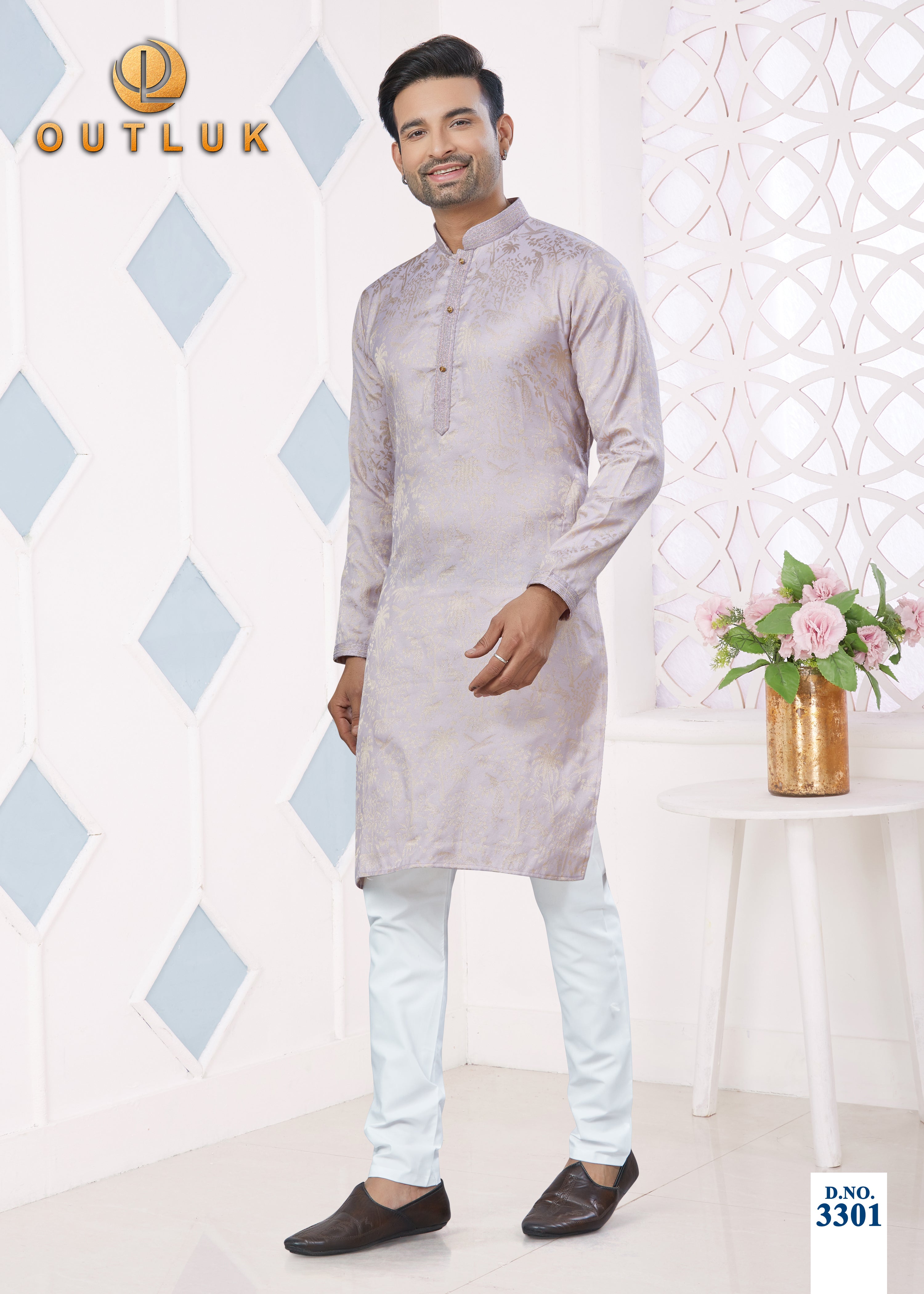 Light Purple Jacquard Mens Kurta Pajama 3301