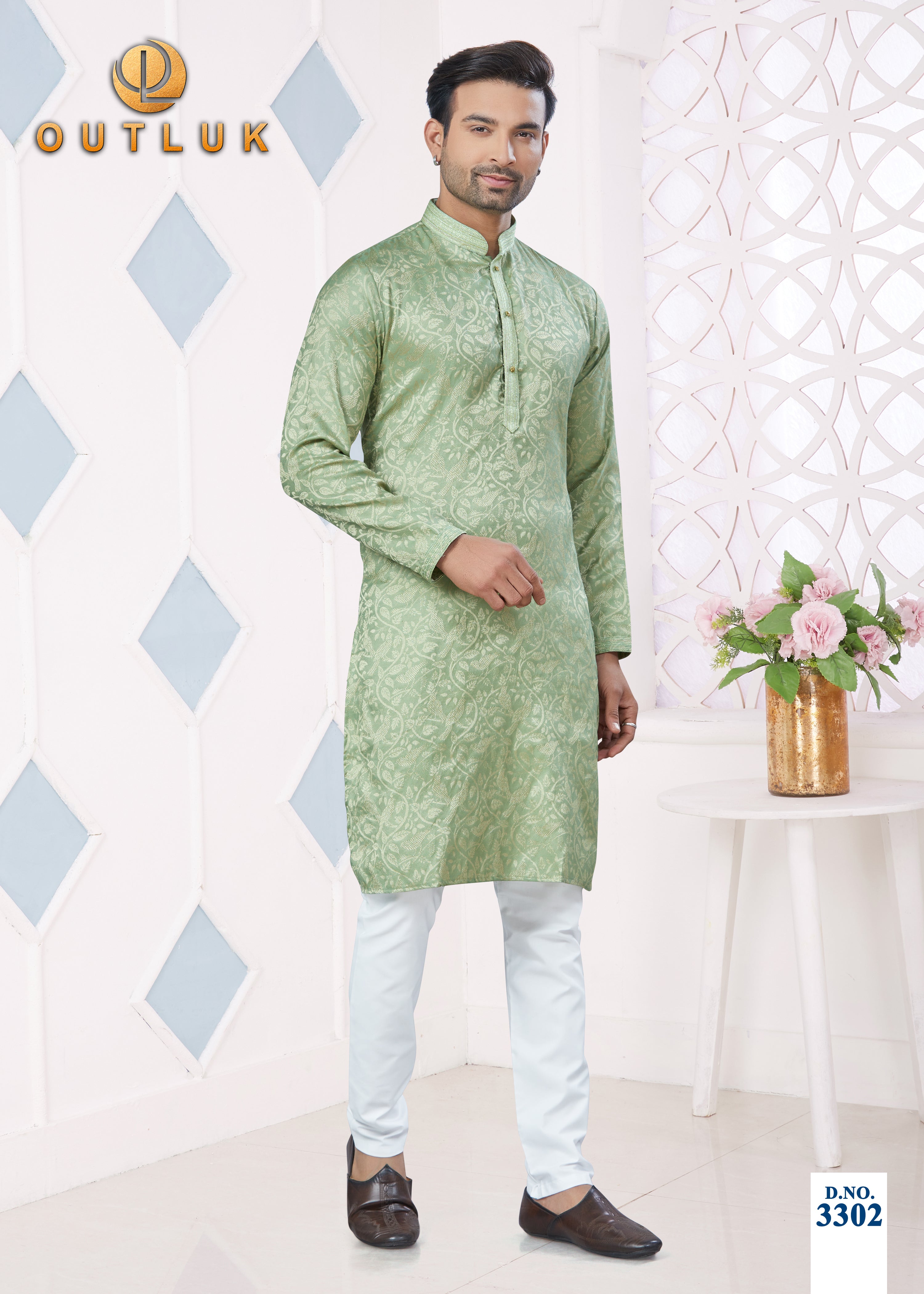 Light Green Jacquard Mens Kurta Pajama 3302