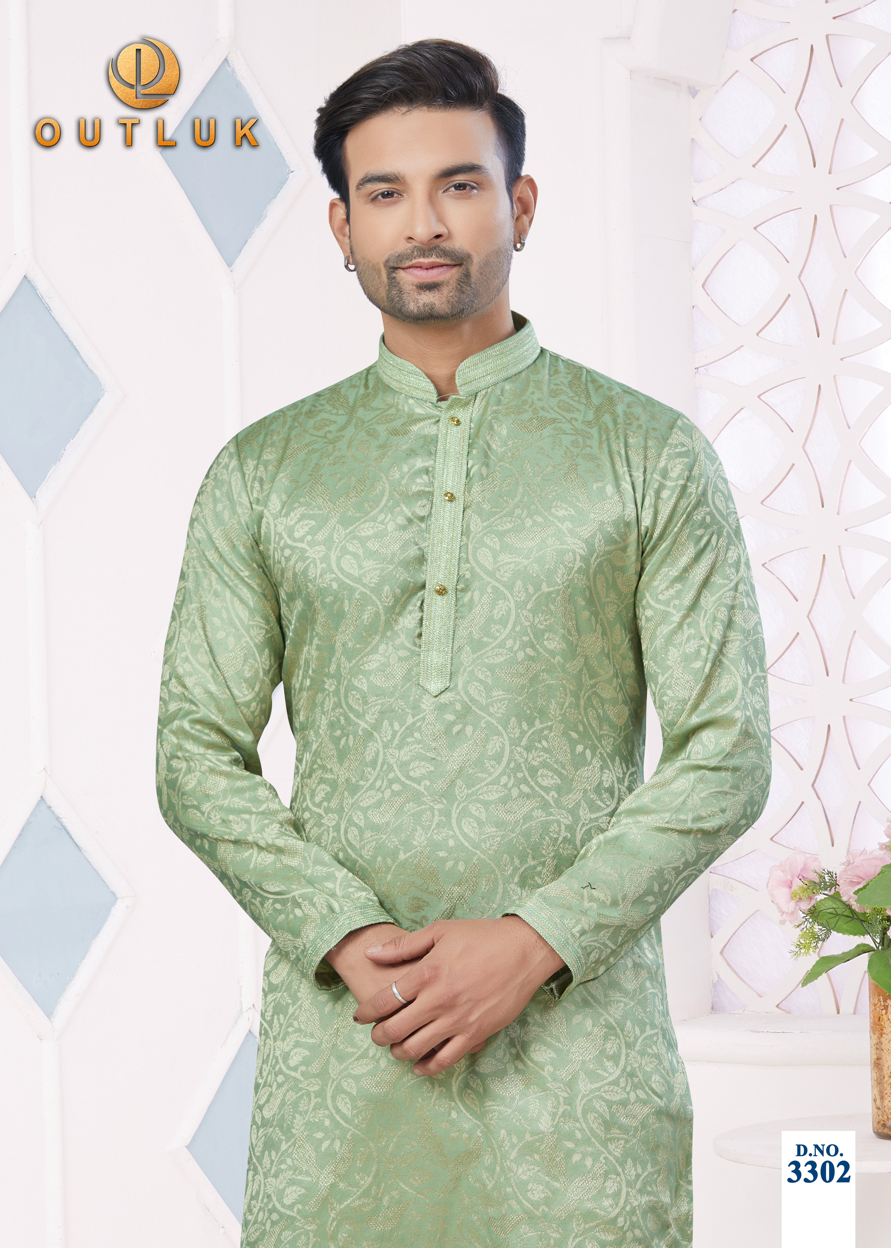 Light Green Jacquard Mens Kurta Pajama 3302