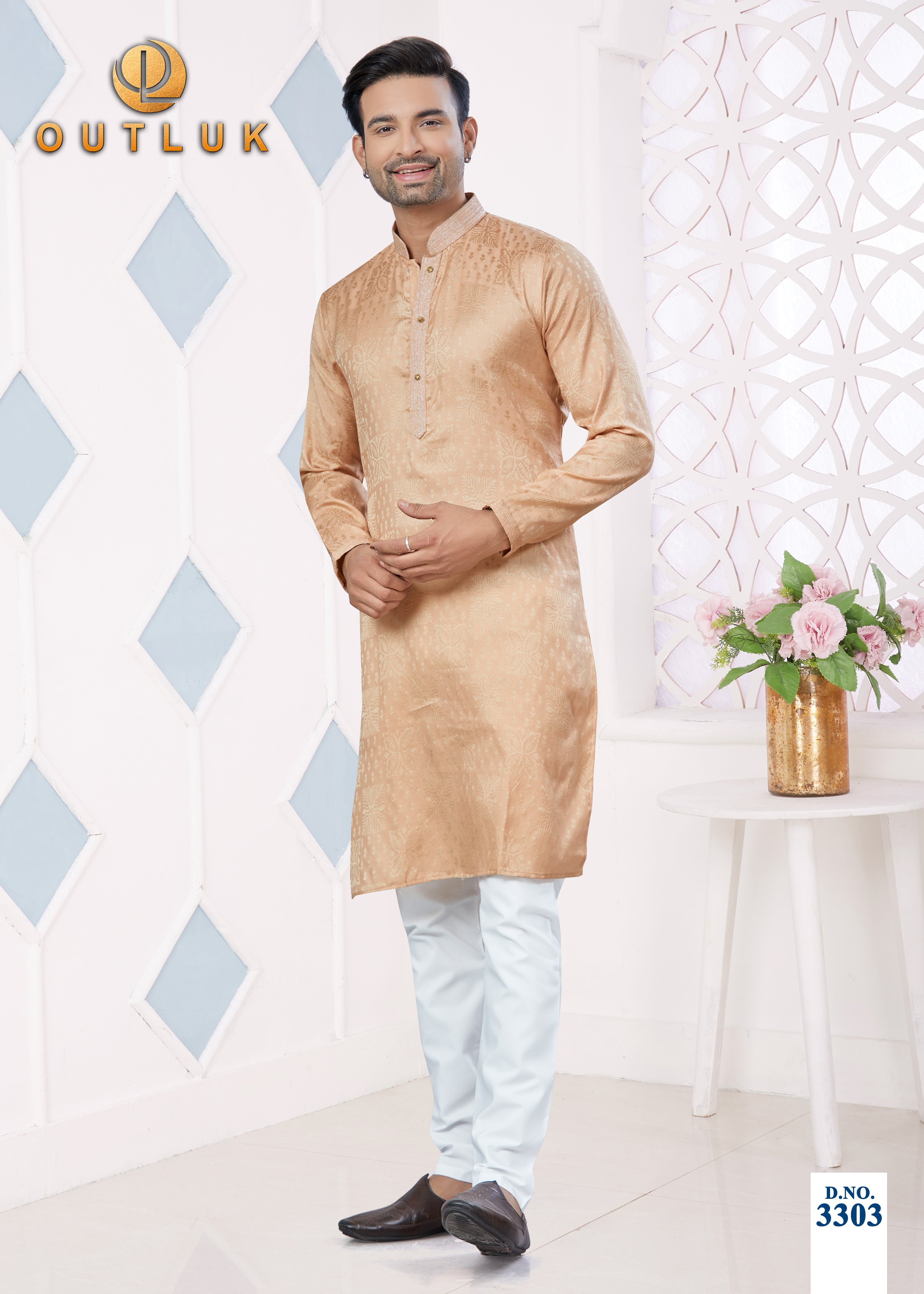 Peach Jacquard Mens Kurta Pajama 3303