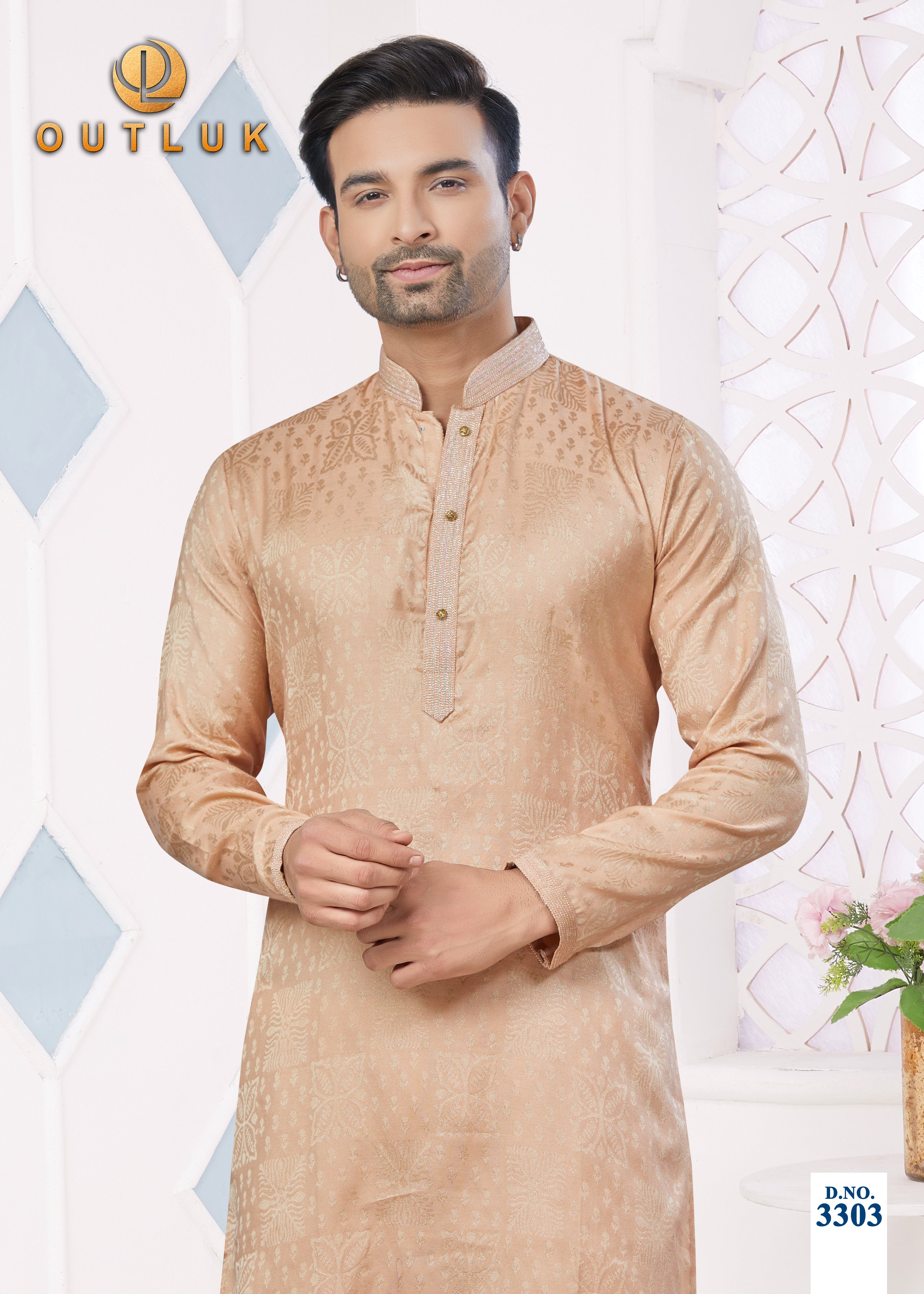 Peach Jacquard Mens Kurta Pajama 3303