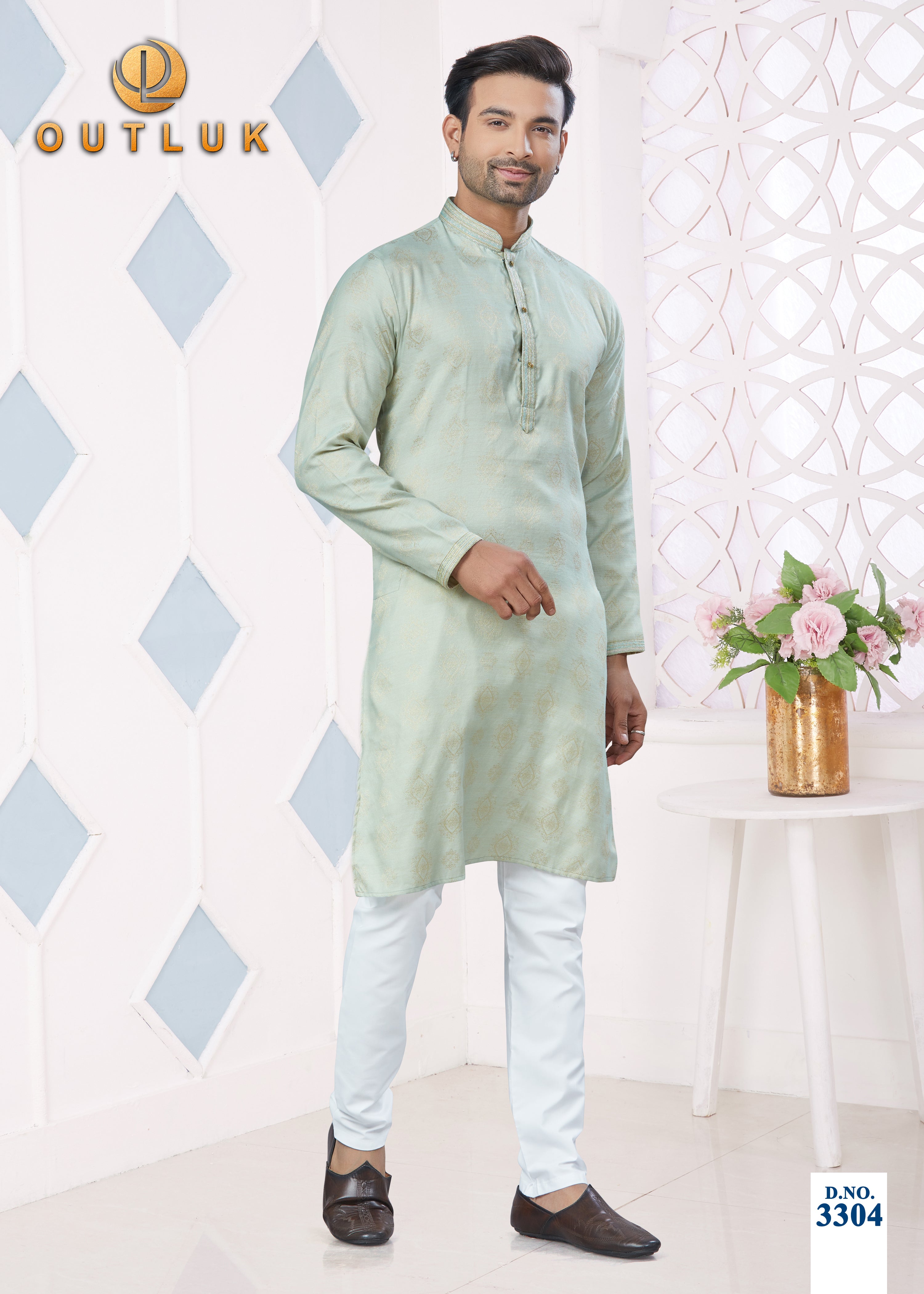 Light Mint Green Jacquard Mens Kurta Pajama 3304