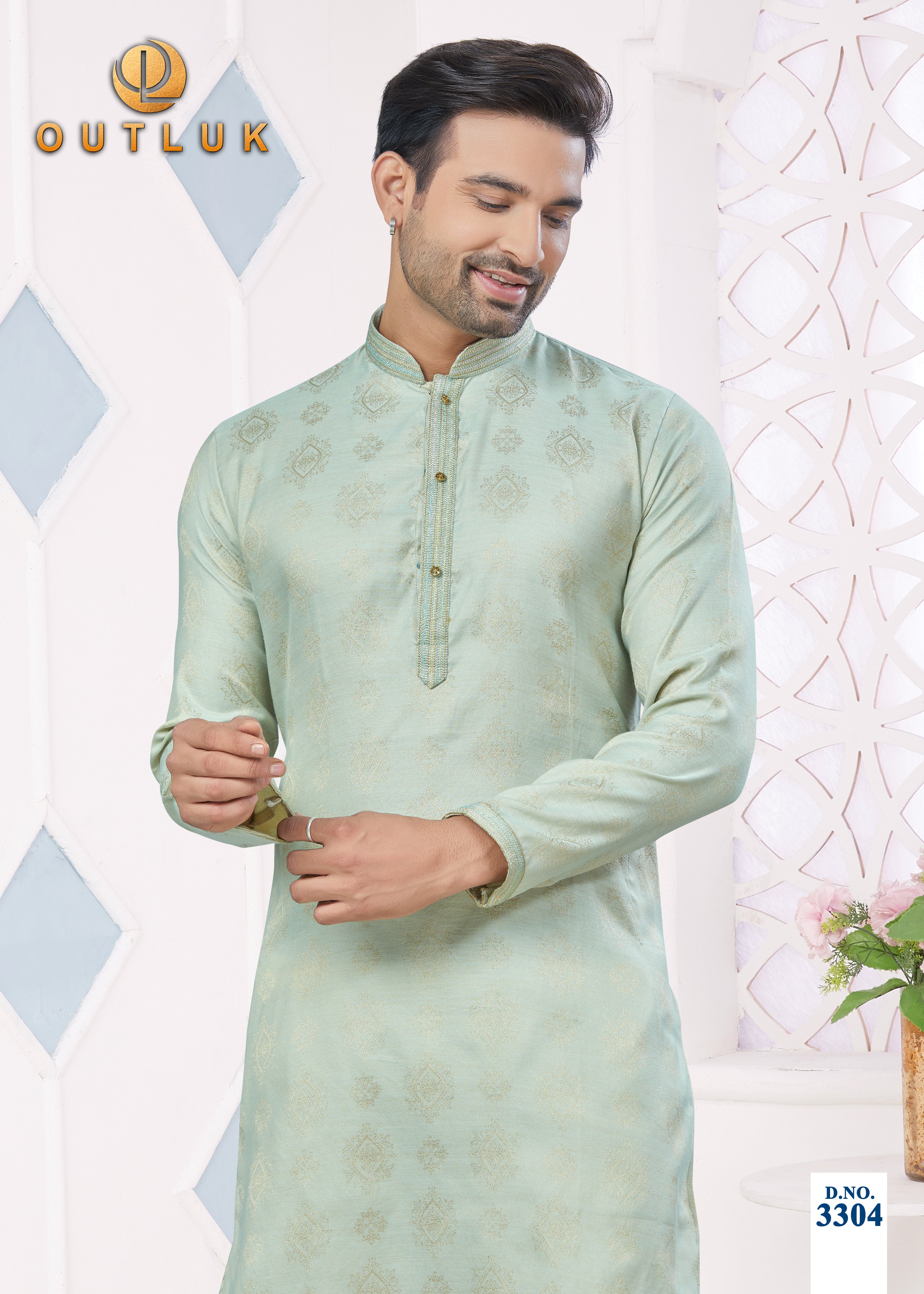 Light Mint Green Jacquard Mens Kurta Pajama 3304