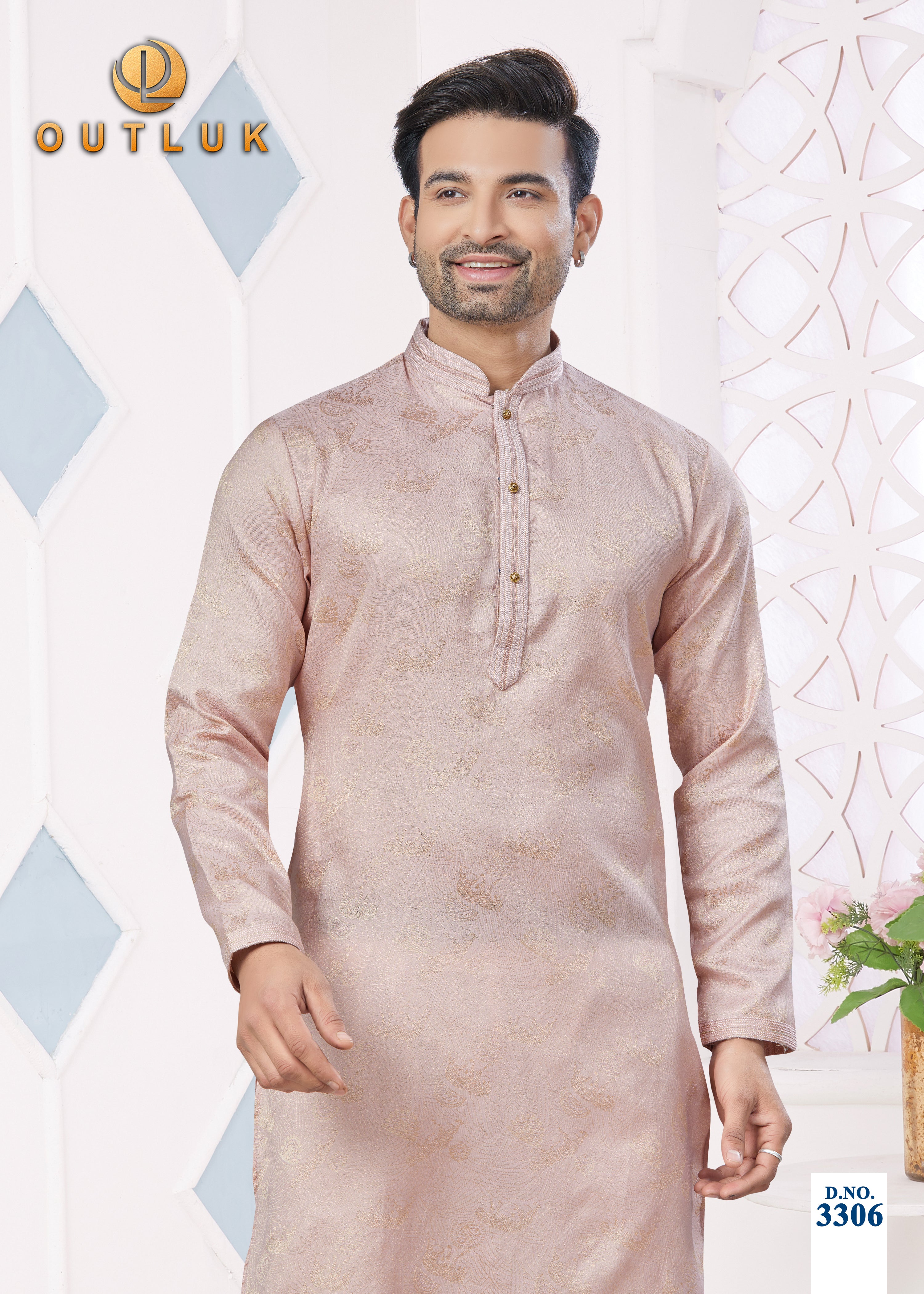 Light Pink Jacquard Mens Kurta Pajama 3306
