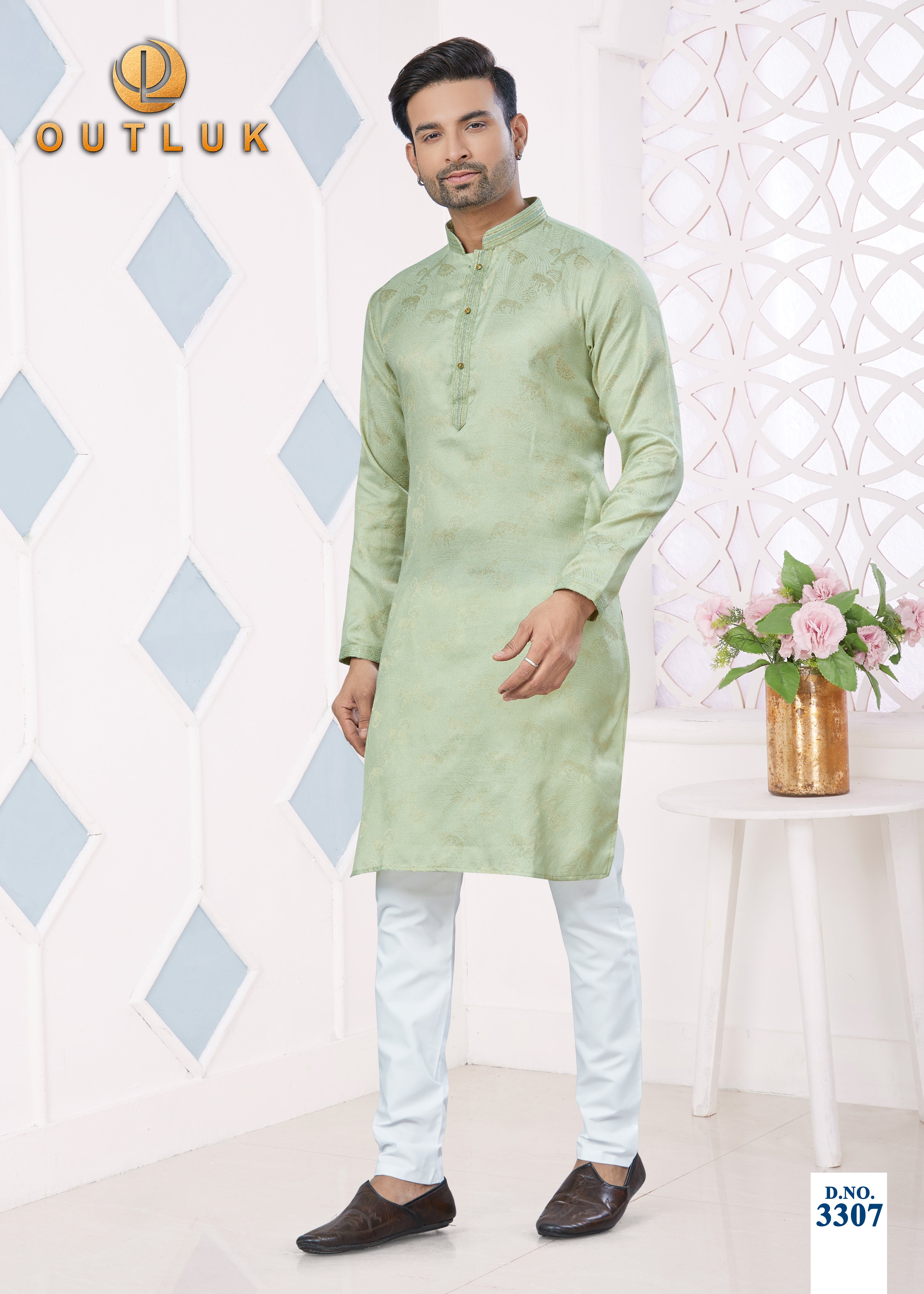 Light Green Jacquard Mens Kurta Pajama 3307