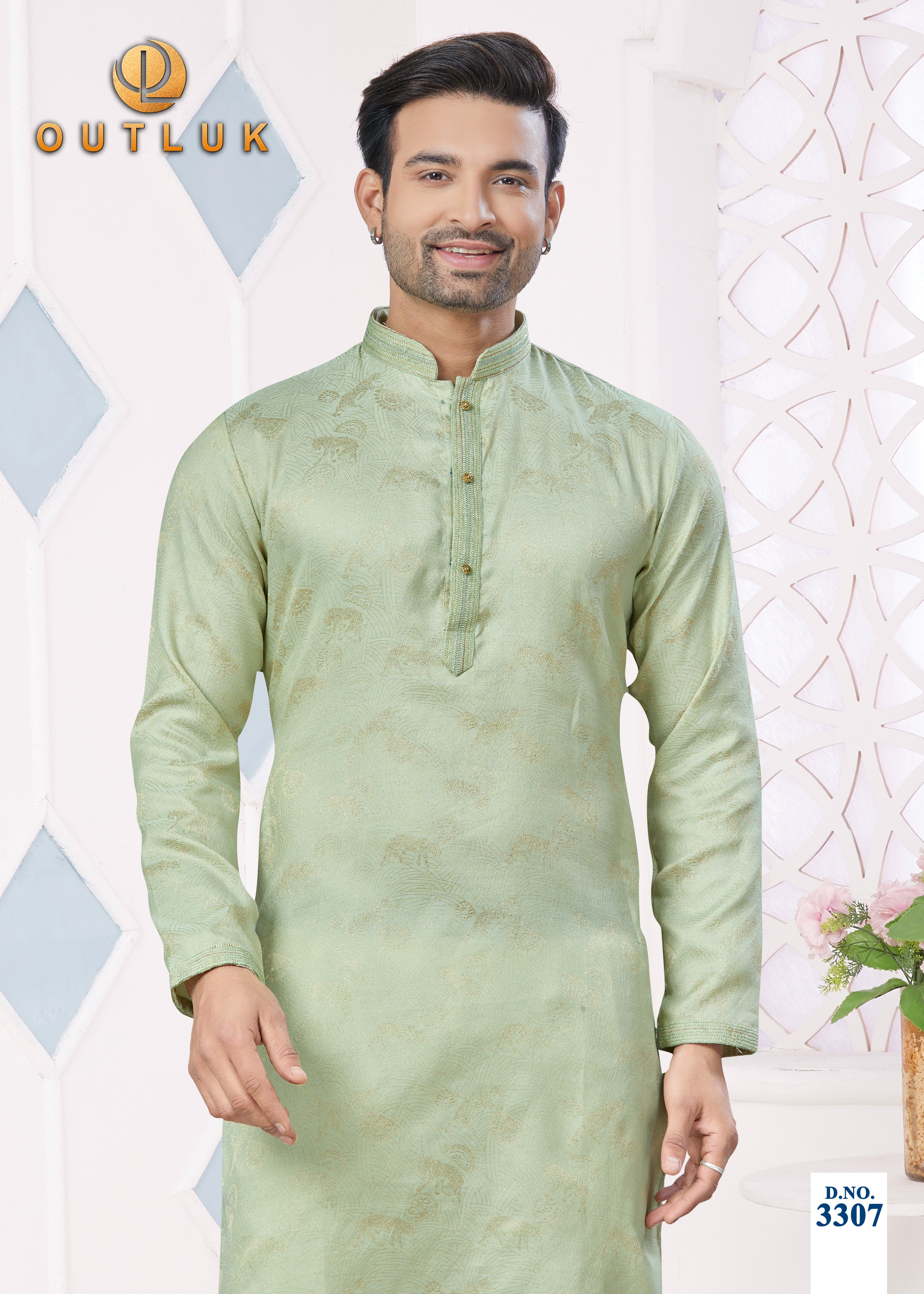 Light Green Jacquard Mens Kurta Pajama 3307
