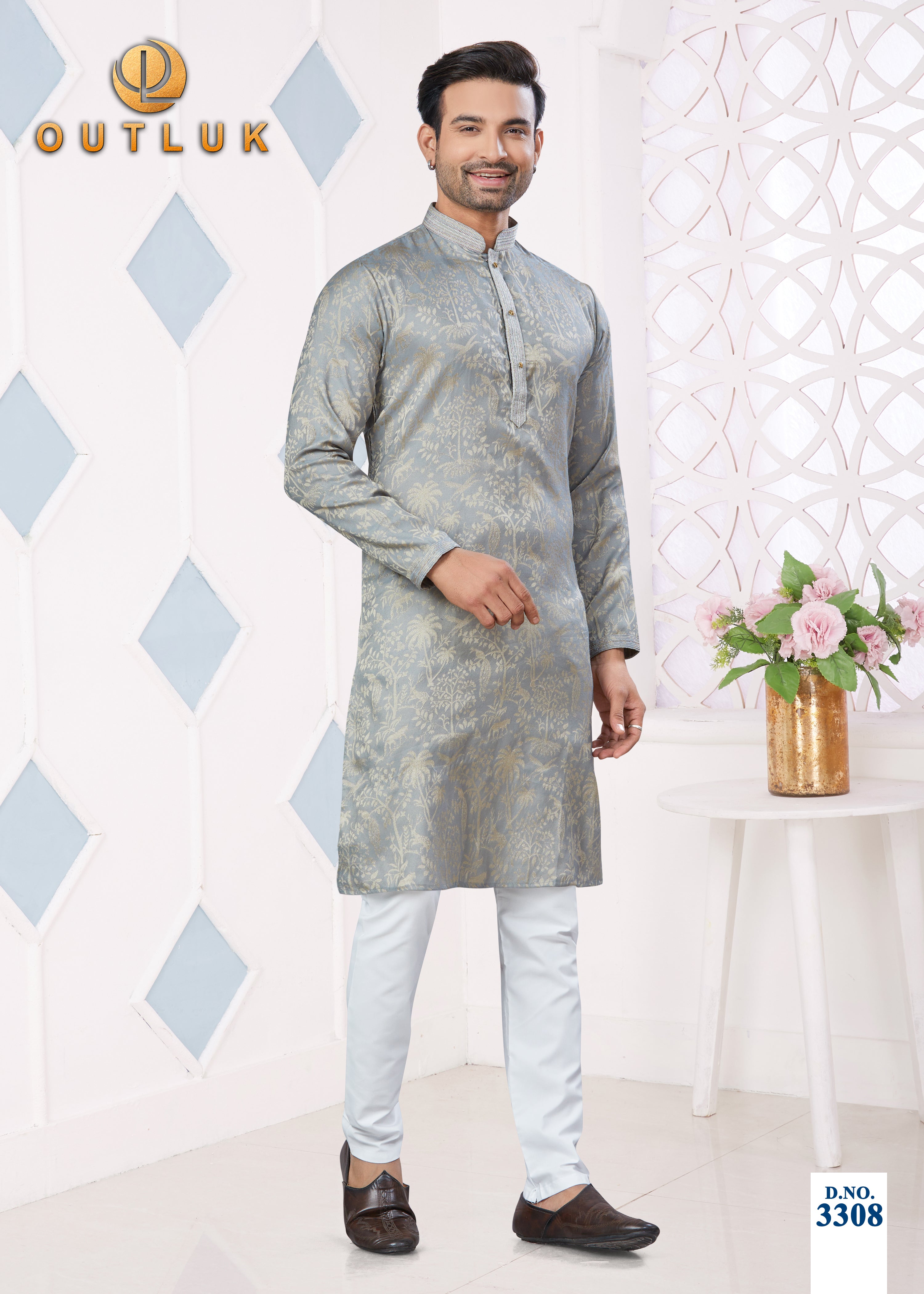 Grey Jacquard Mens Kurta Pajama 3308