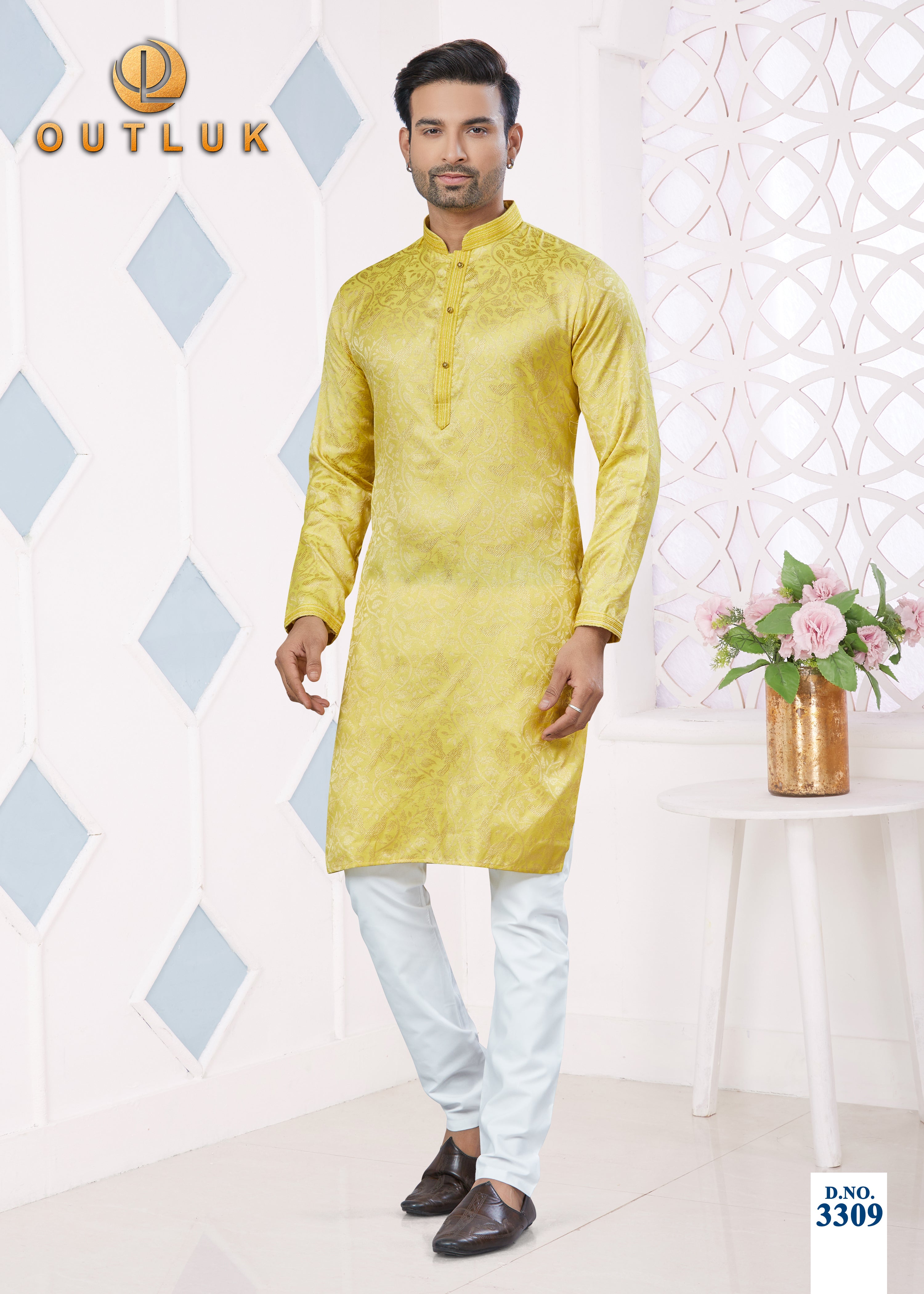 Yellow Jacquard Mens Kurta Pajama 3309
