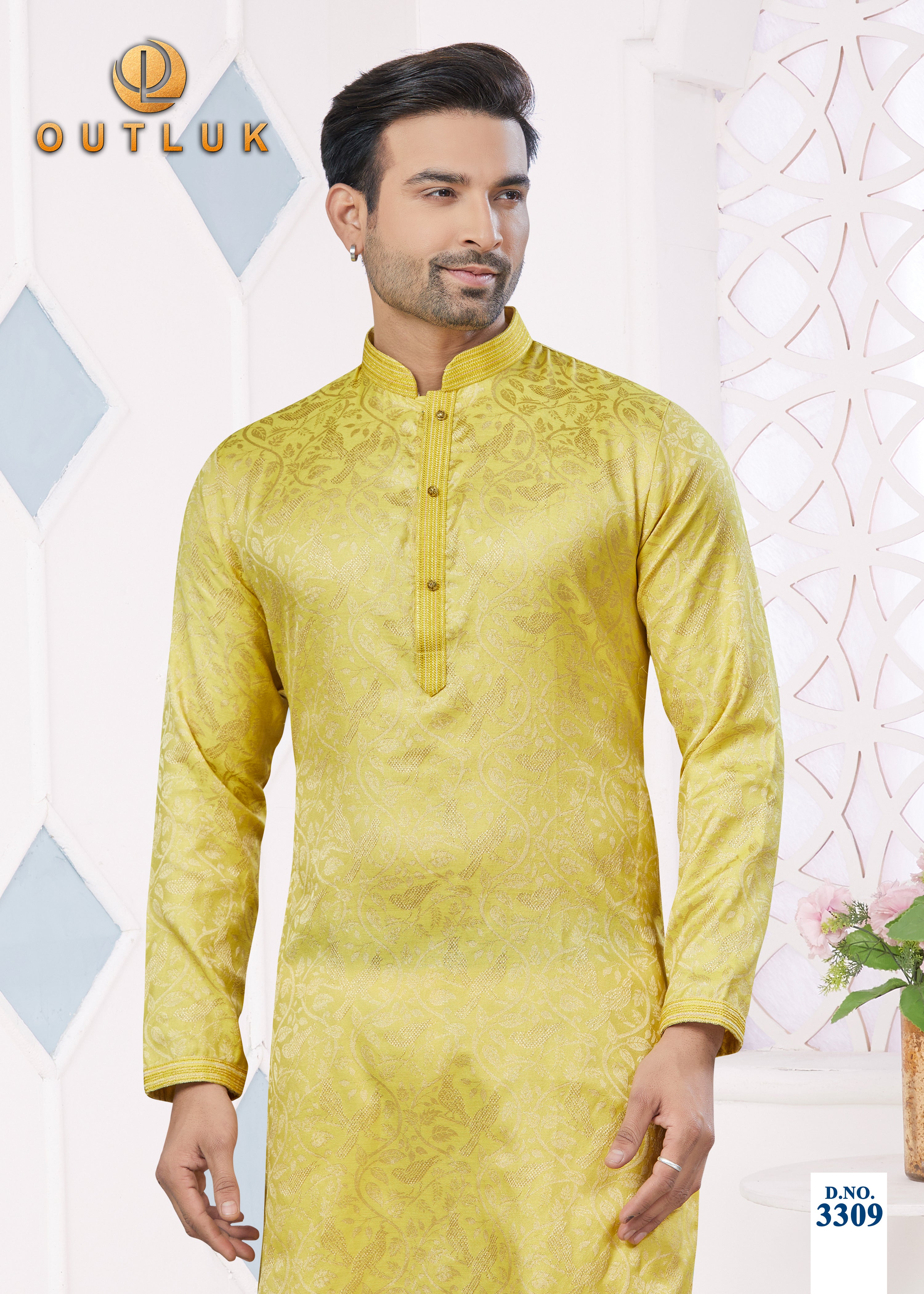 Yellow Jacquard Mens Kurta Pajama 3309