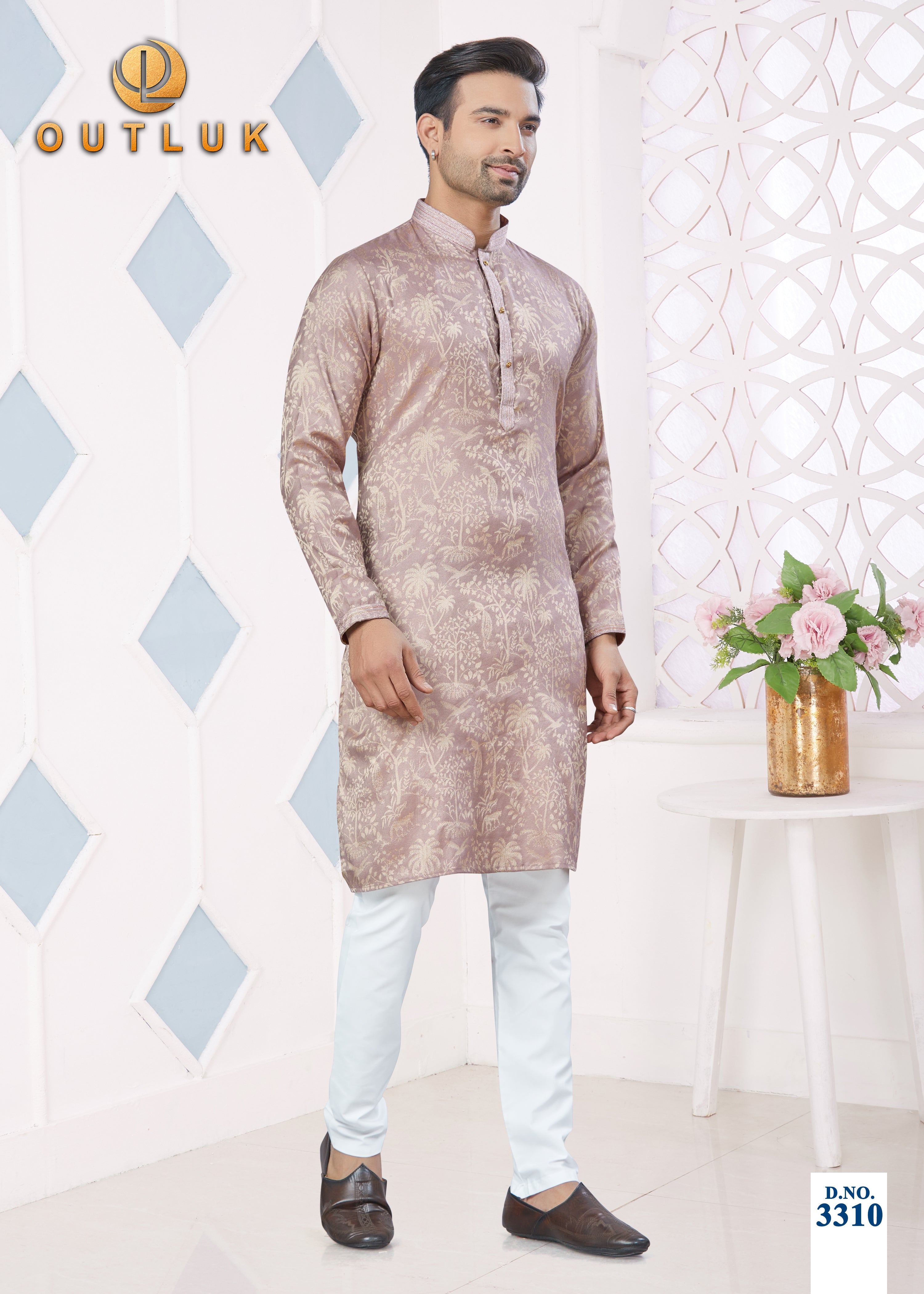 Peach Jacquard Mens Kurta Pajama 3310