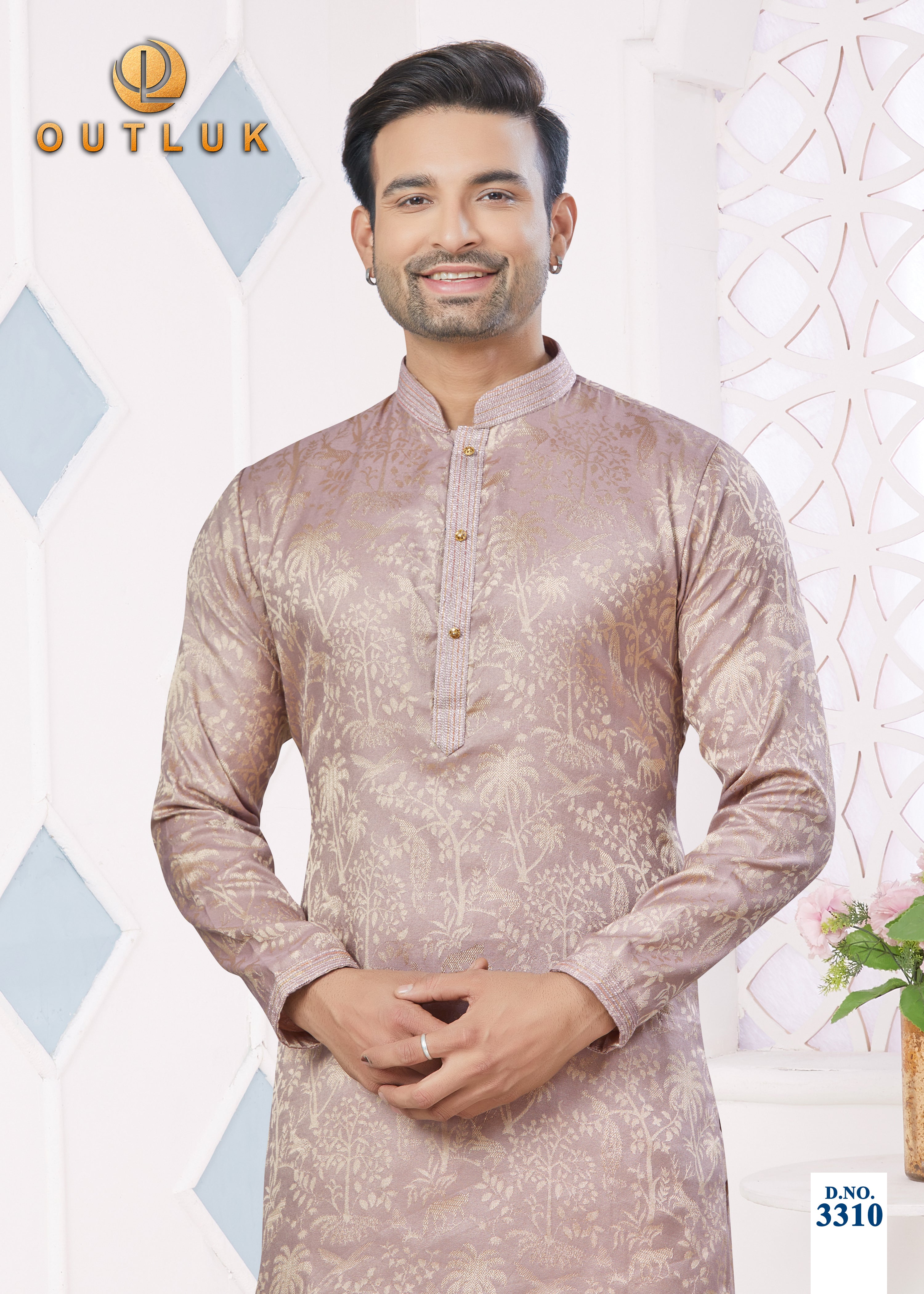 Peach Jacquard Mens Kurta Pajama 3310