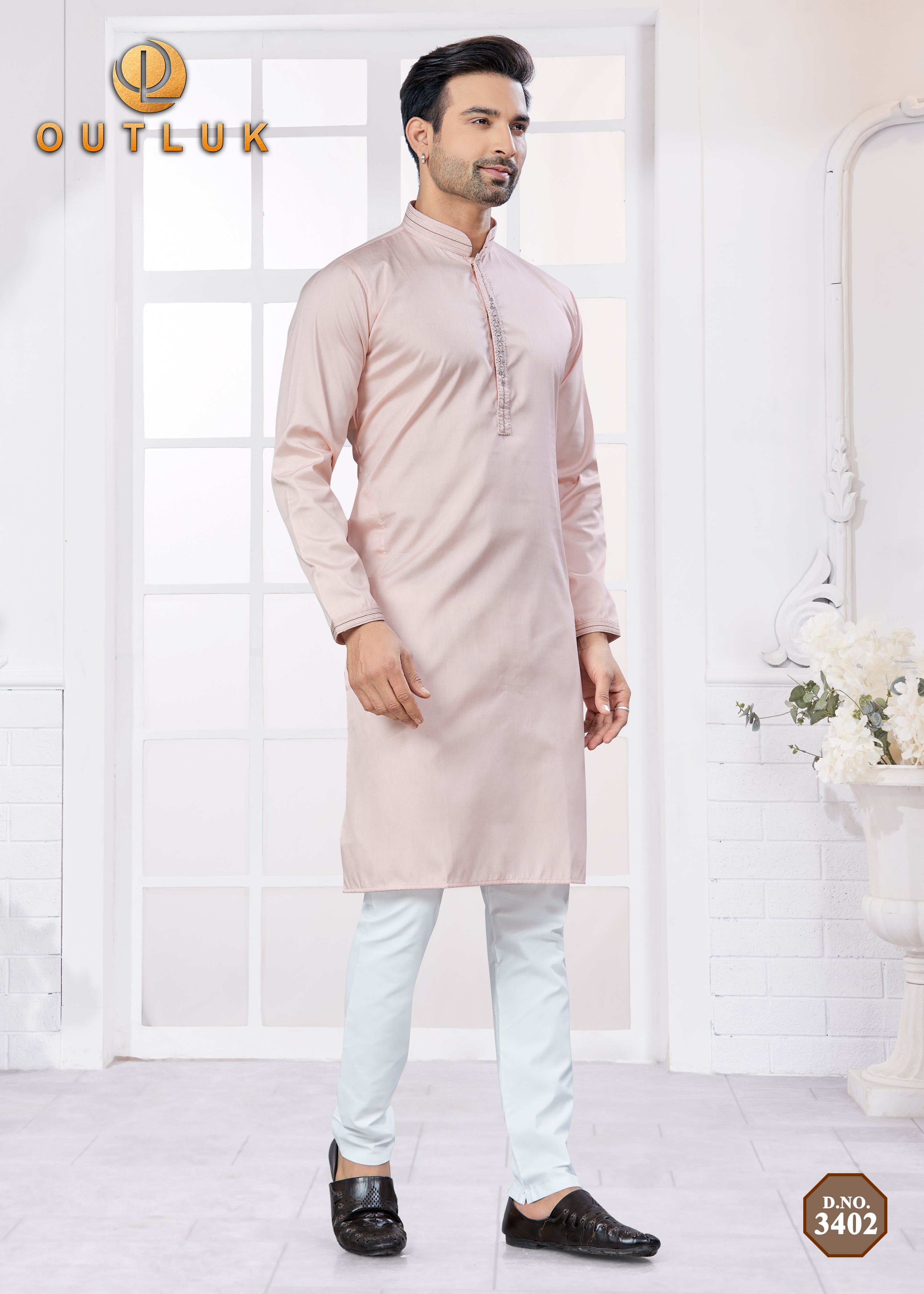Baby Pink Cotton Mens Kurta Pajama 3402