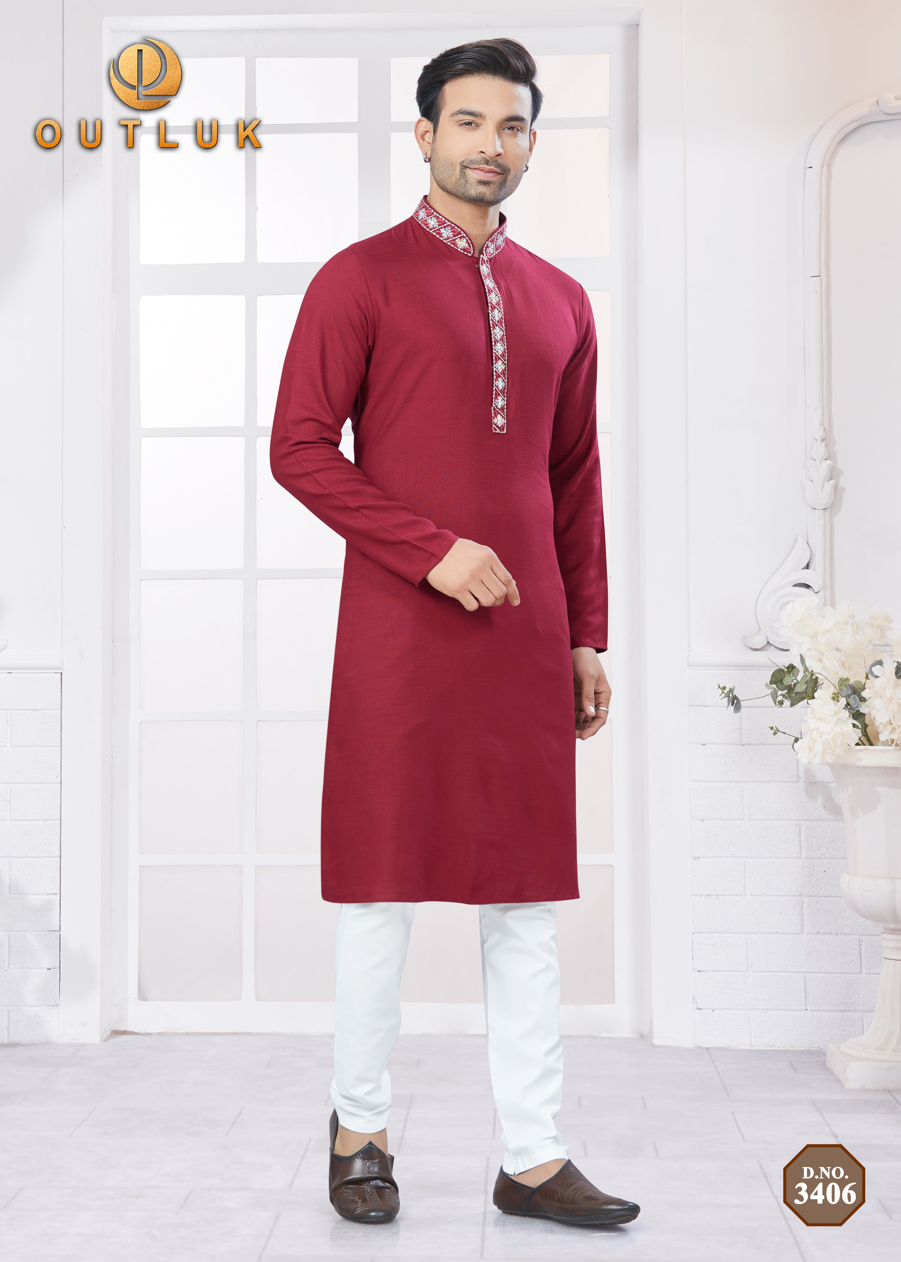 Red Cotton Mens Kurta Pajama 3406.